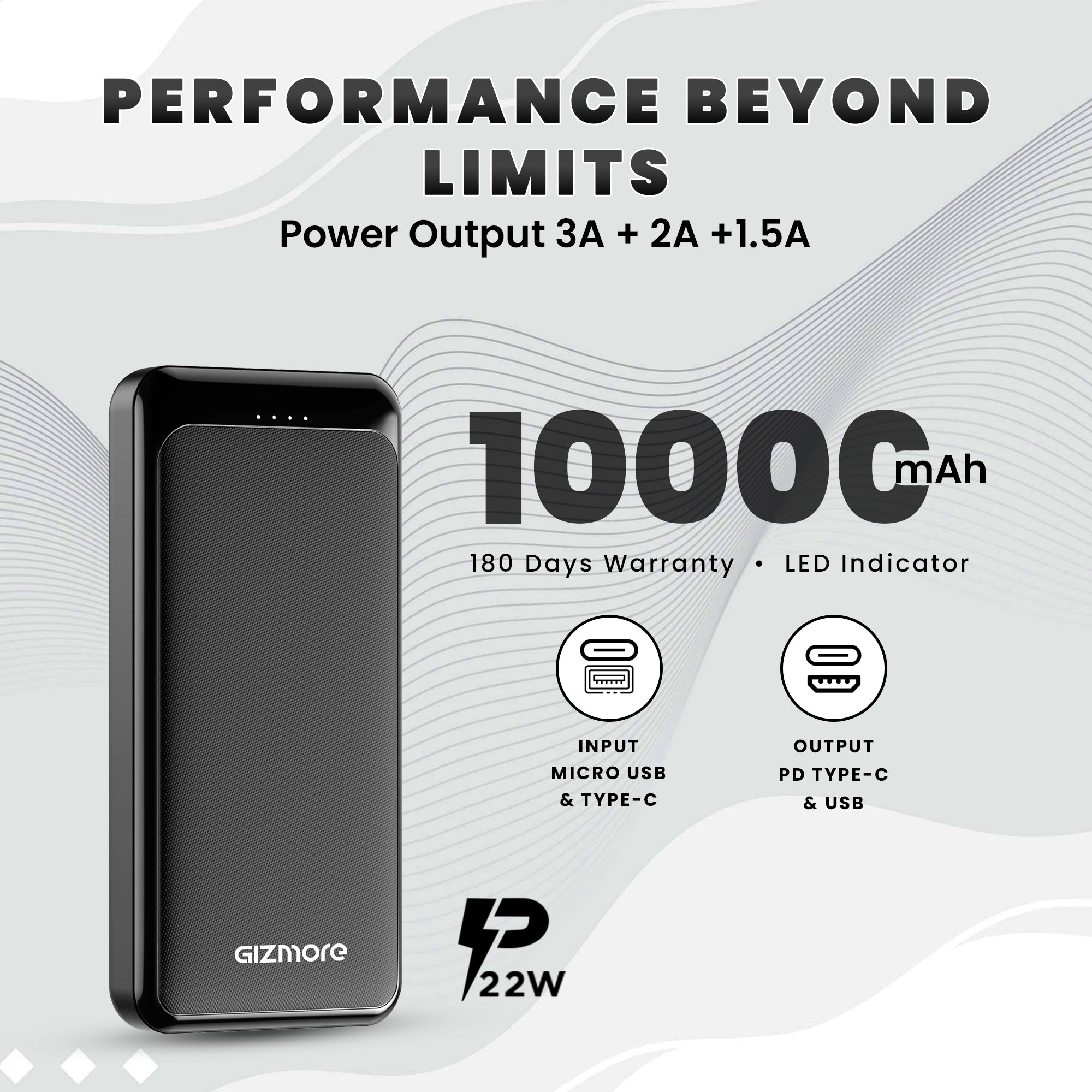GIZMORE PD10KP4 10000mAh PD Power Bank 22W Fast Charging | Dual USB Output , 1 Micro USB Input, Type C (Input & Output)|LED Indicator, Lightweight| Lithium Polymer Power Bank (Black)