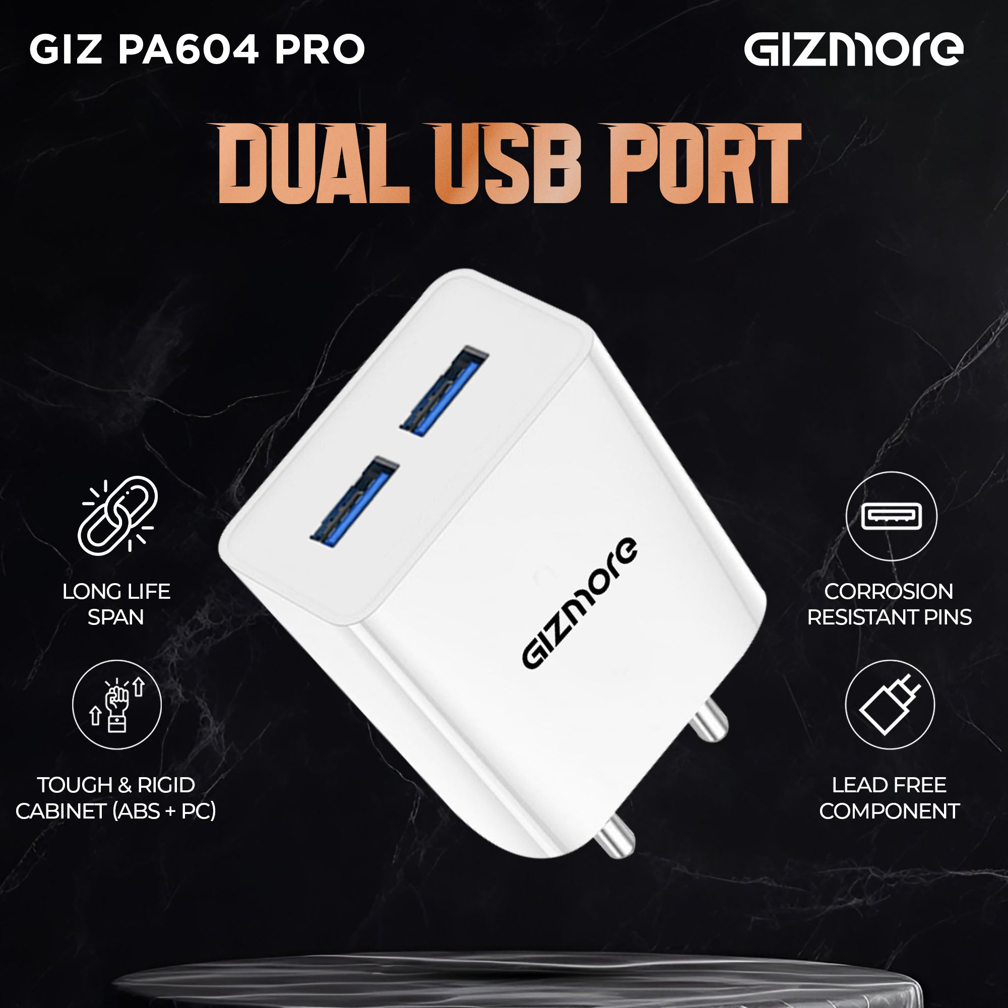 GIZMORE PA604C PRO 5V/2.4A Fast Charging Adapter with Inbuilt Type-C Cable