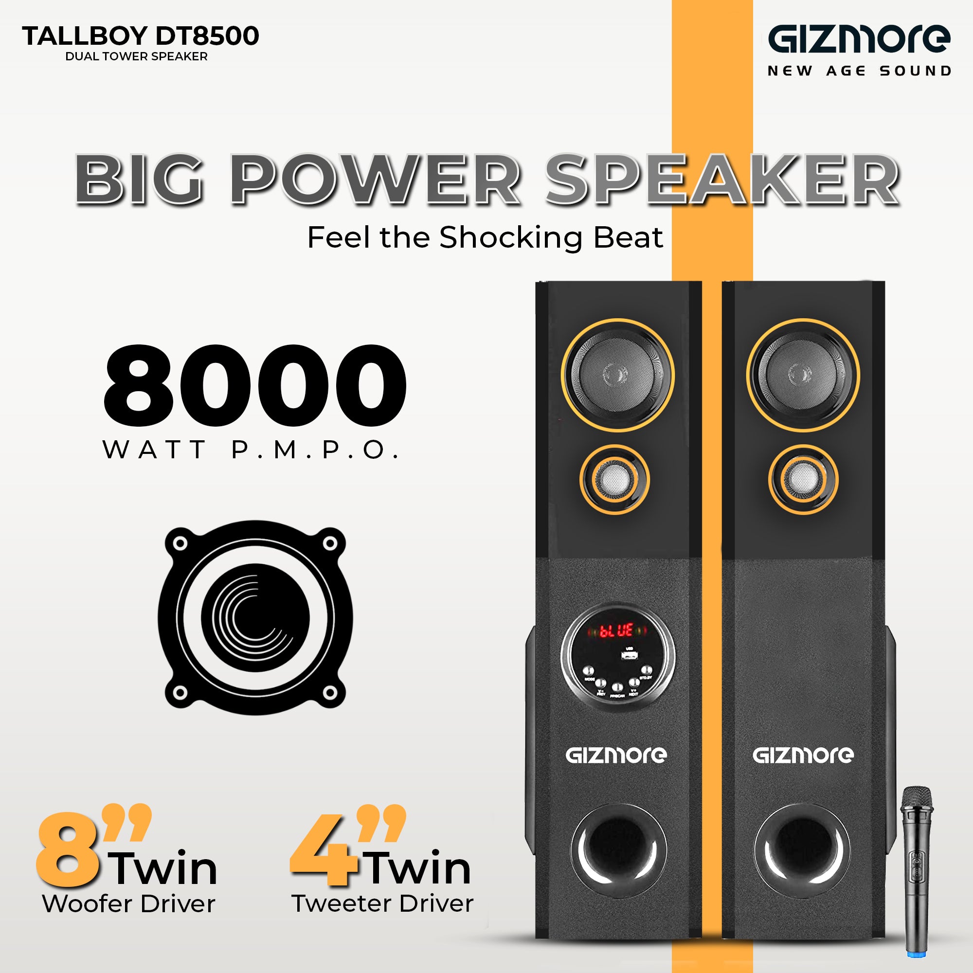 GIZMORE GIZ Tallboy DT8500 80 Watt Wireless Bluetooth Multimedia Dual Tower Speaker | Echo Sound Control |Full Control Remote | Led Display, USB, FM Party Speaker Home Theater Karaoke Support (Black)