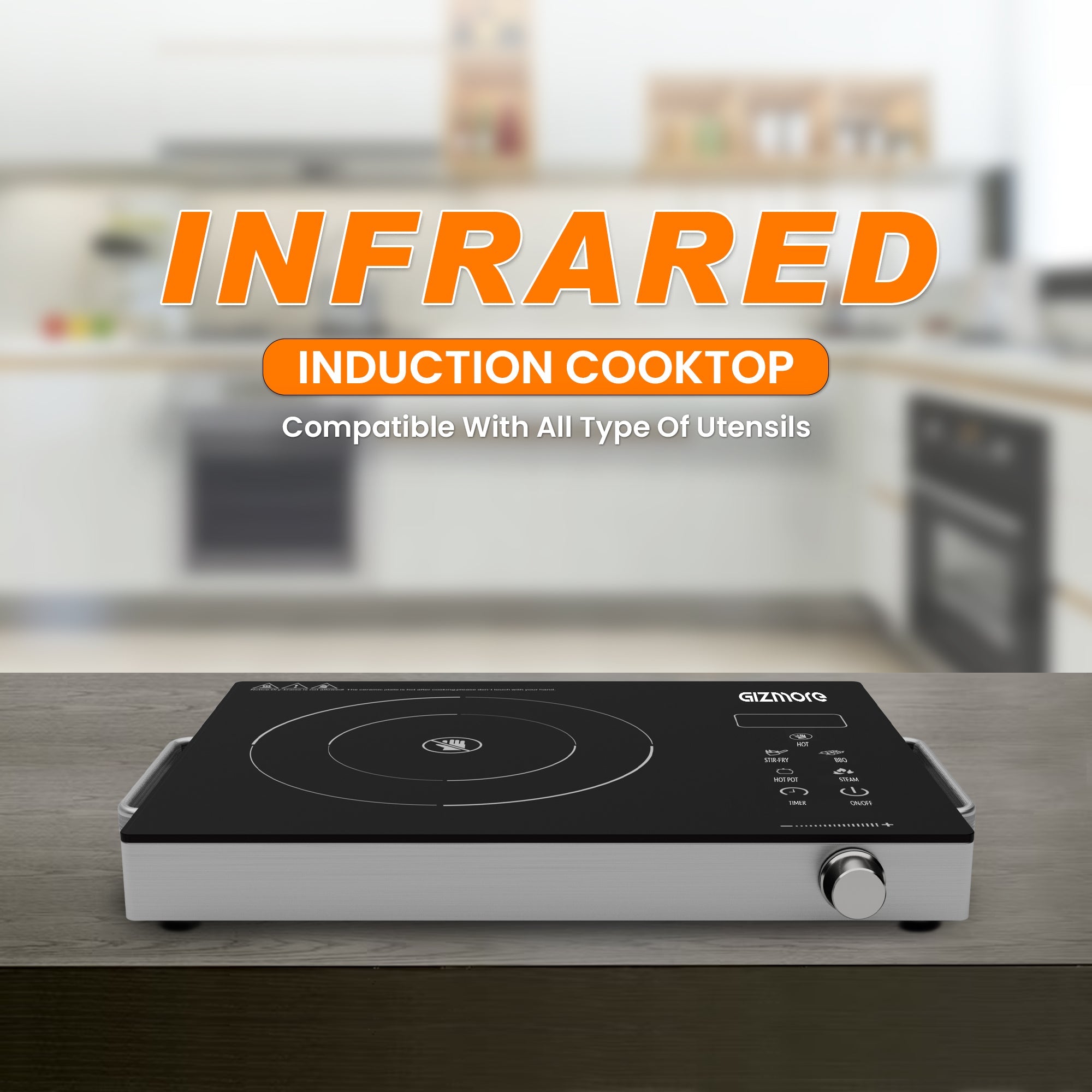 GIZMORE 2200 W Infrared Induction Cooktop Compatible with All Utensils Crystal Glass Touch Control Auto Cooling System Digital Display