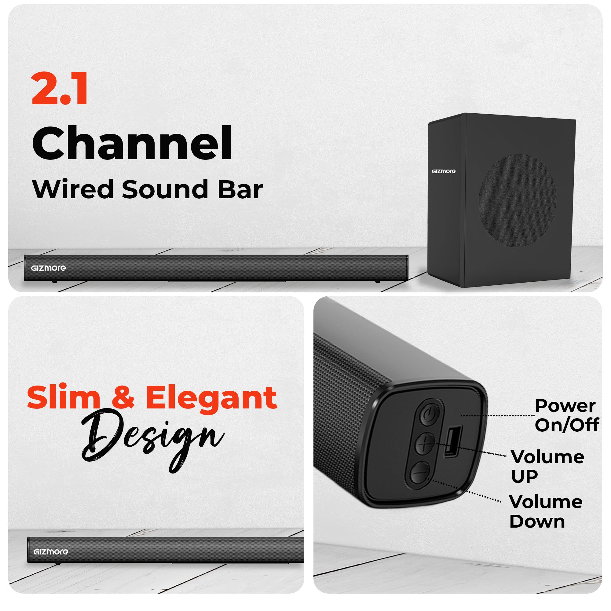 GIZMORE GIZBAR 280, 280W, 2.1 Channel Wired Soundbar with Subwoofer, HDMI(ARC), AUX, Optical, USB, Bluetooth, Slim Design, 3 EQ Modes, Surround Sound & Thunderous Bass.