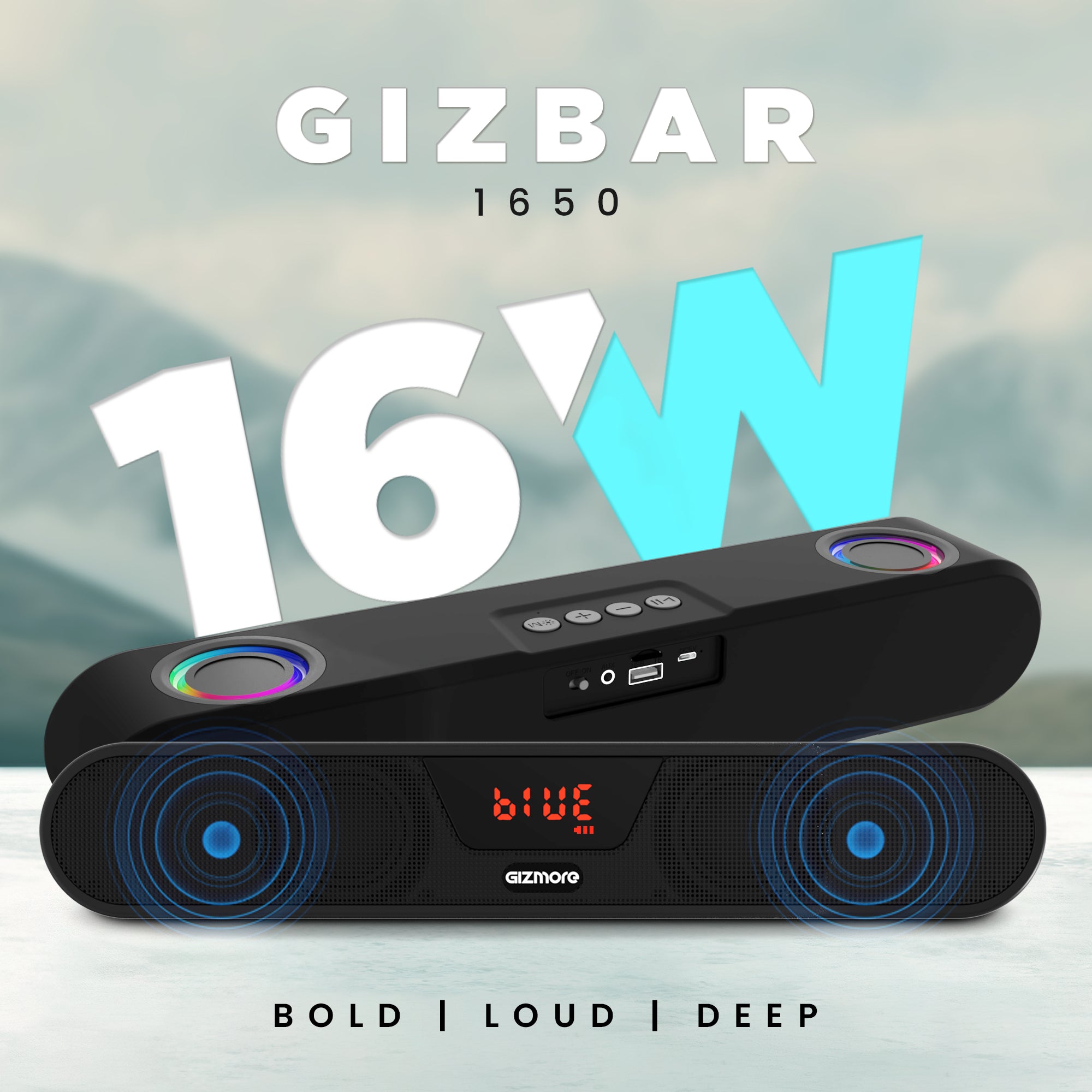 GIZMORE BAR 1650 In-Built RGB Light Bluetooth Soundbar with 16W RMS with Upto 6 Hours Playtime & TWS Function| BT Version 5.3, Volume Control & Multi Connectivity