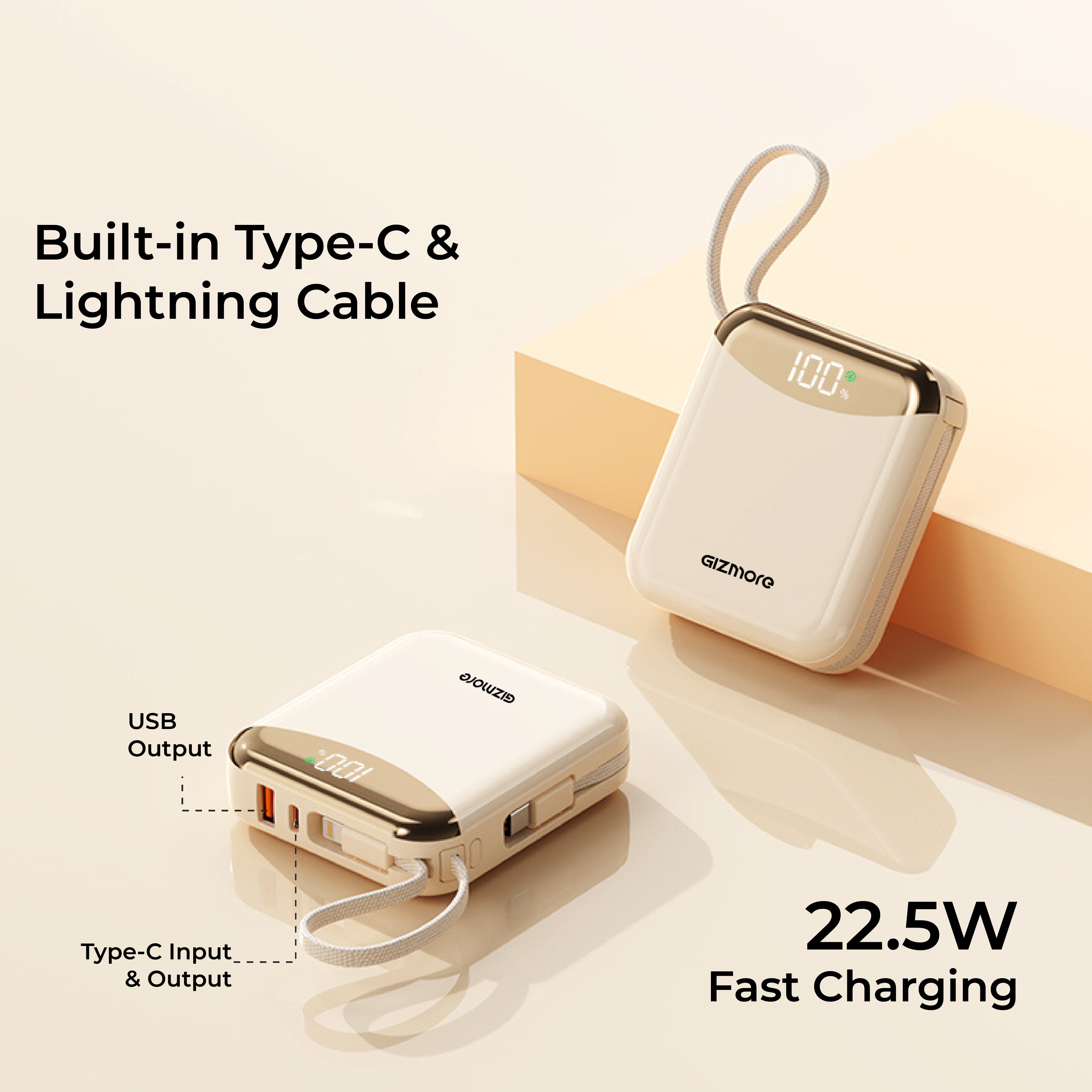 GIZ PD10K22 10000mAh Power Bank with Built-in Type-C & Lightning Cable | 22.5W Fast Charging | Smart Digital Display | Pocket Friendly | 2 Colors