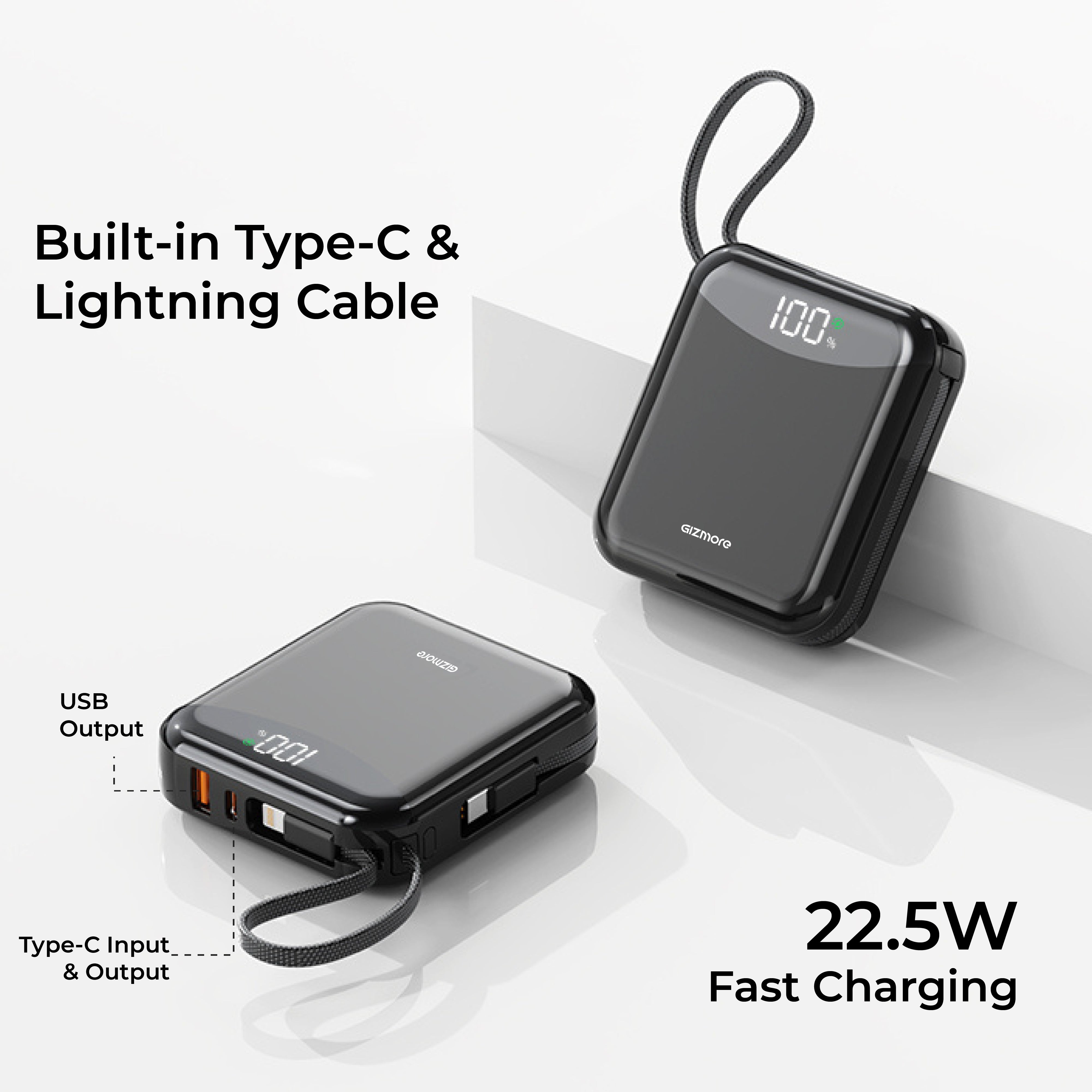 GIZ PD10K22 10000mAh Power Bank with Built-in Type-C & Lightning Cable | 22.5W Fast Charging | Smart Digital Display | Pocket Friendly | 2 Colors