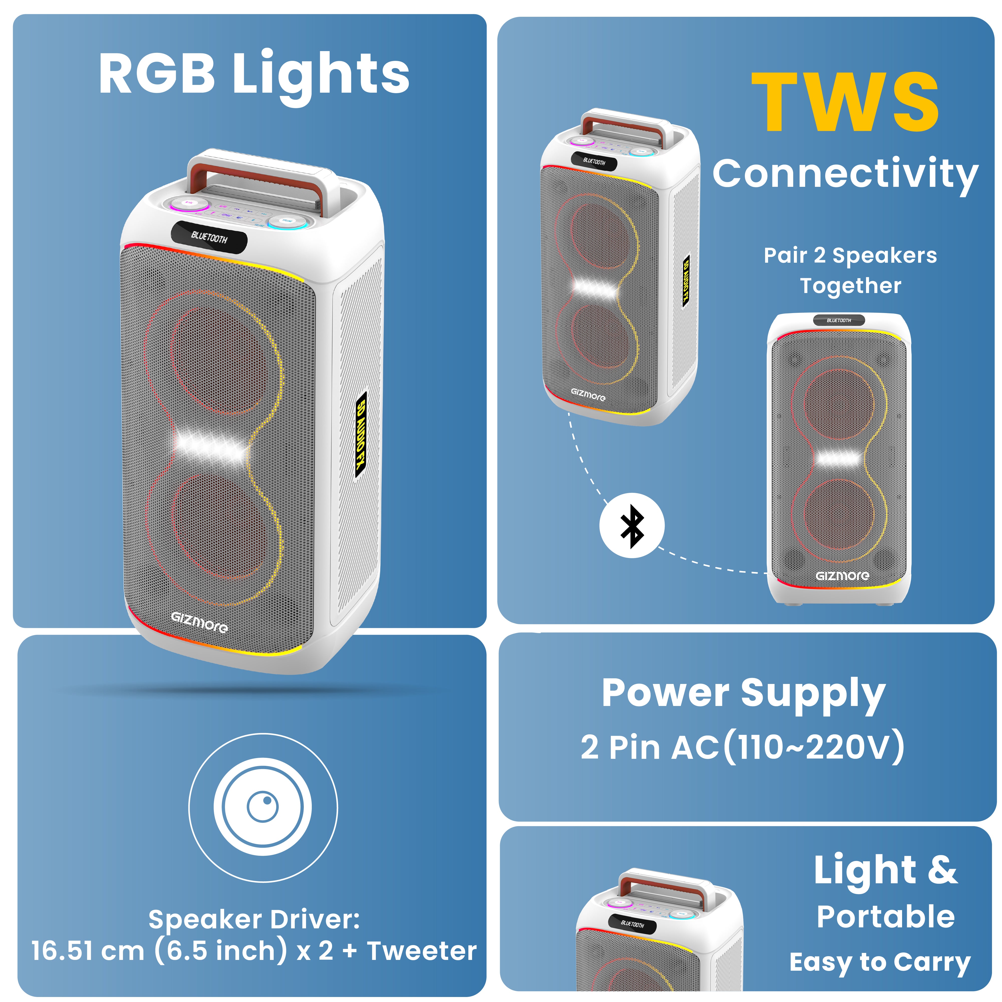 GIZMORE T200 CLUB 200W Thunder DJ Party Speaker with Dual Wireless Mic, RGB Lights, AC Charging, TWS Connectivity, Portable Bluetooth Speaker (White/Black)