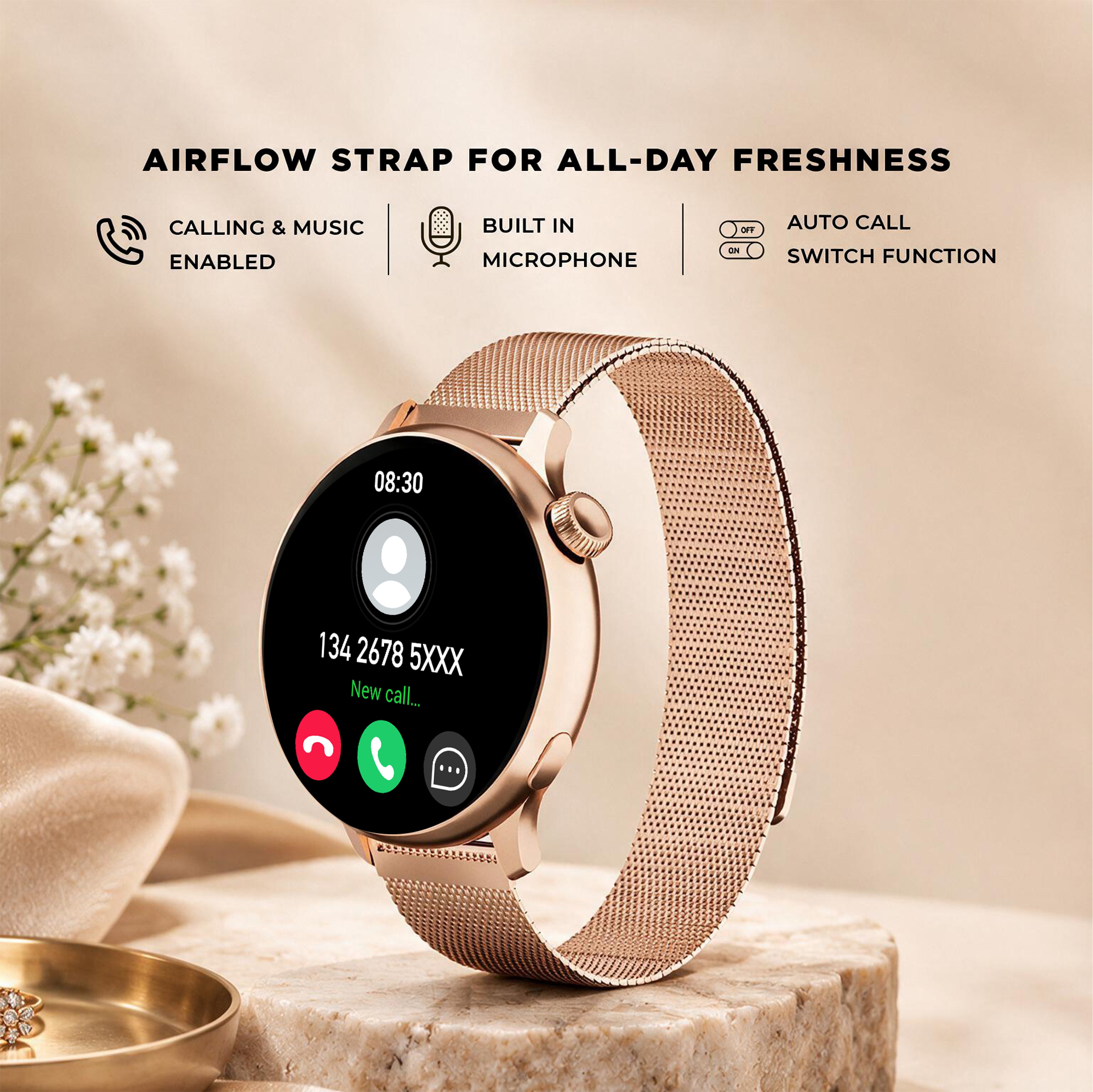 GIZMORE DIVA X Smartwatch for, Metal Crafted Wrist Design, 1.47" IPS Display, Rotating Crown, Health Rate Sensor, Multi Sports Modes, Up to 5 Hours Battery Life