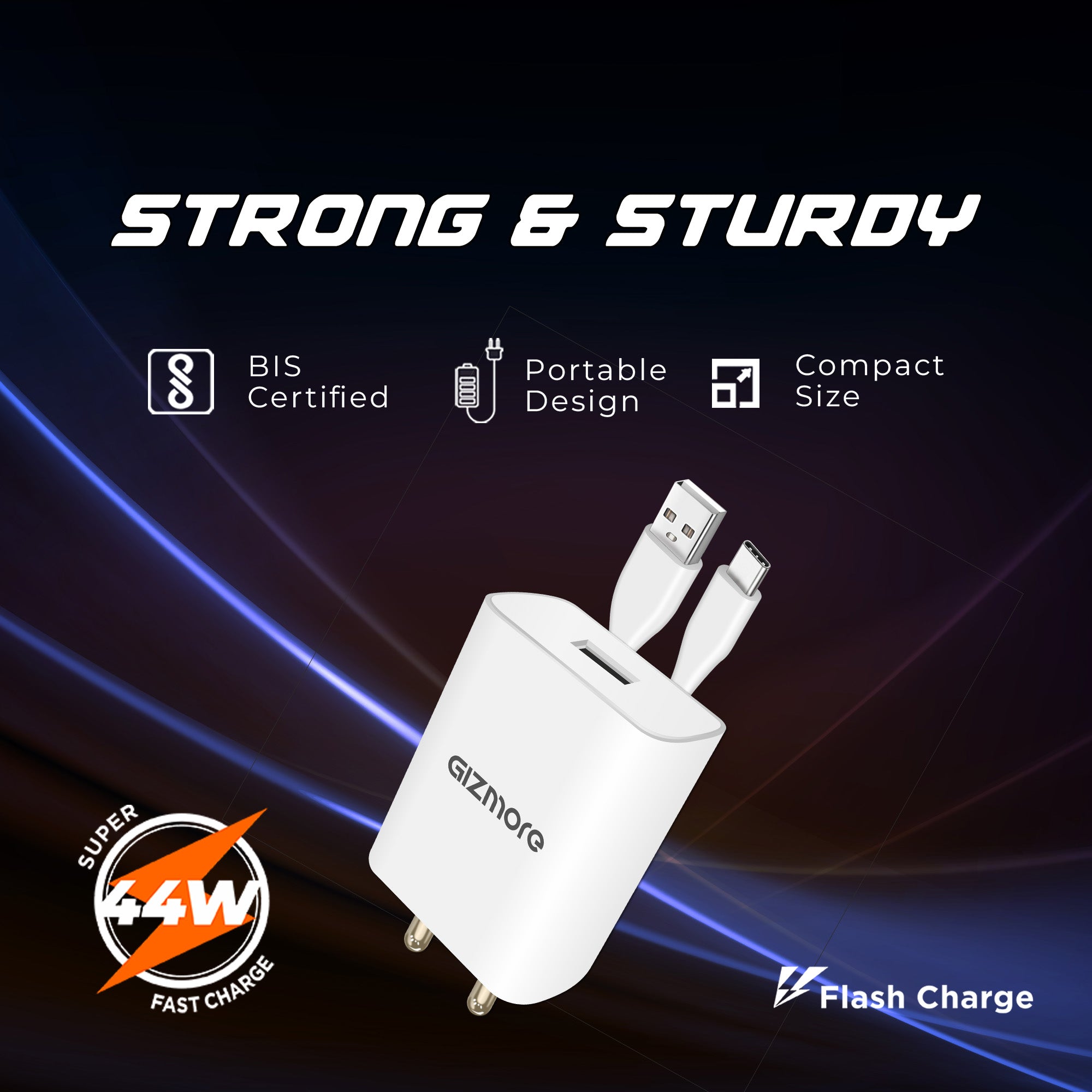 GIZMORE PA644 44W FLASH & SUPER VOOC USB Fast Charger Adapter Compatible with All Smartphones, Compact & Lightweight with Secure Charging, Versatile Protocol QC2.0/QC3.0/AFC, SUPERVOOC/ DASH/ WARP/DART and FLASH with Cable