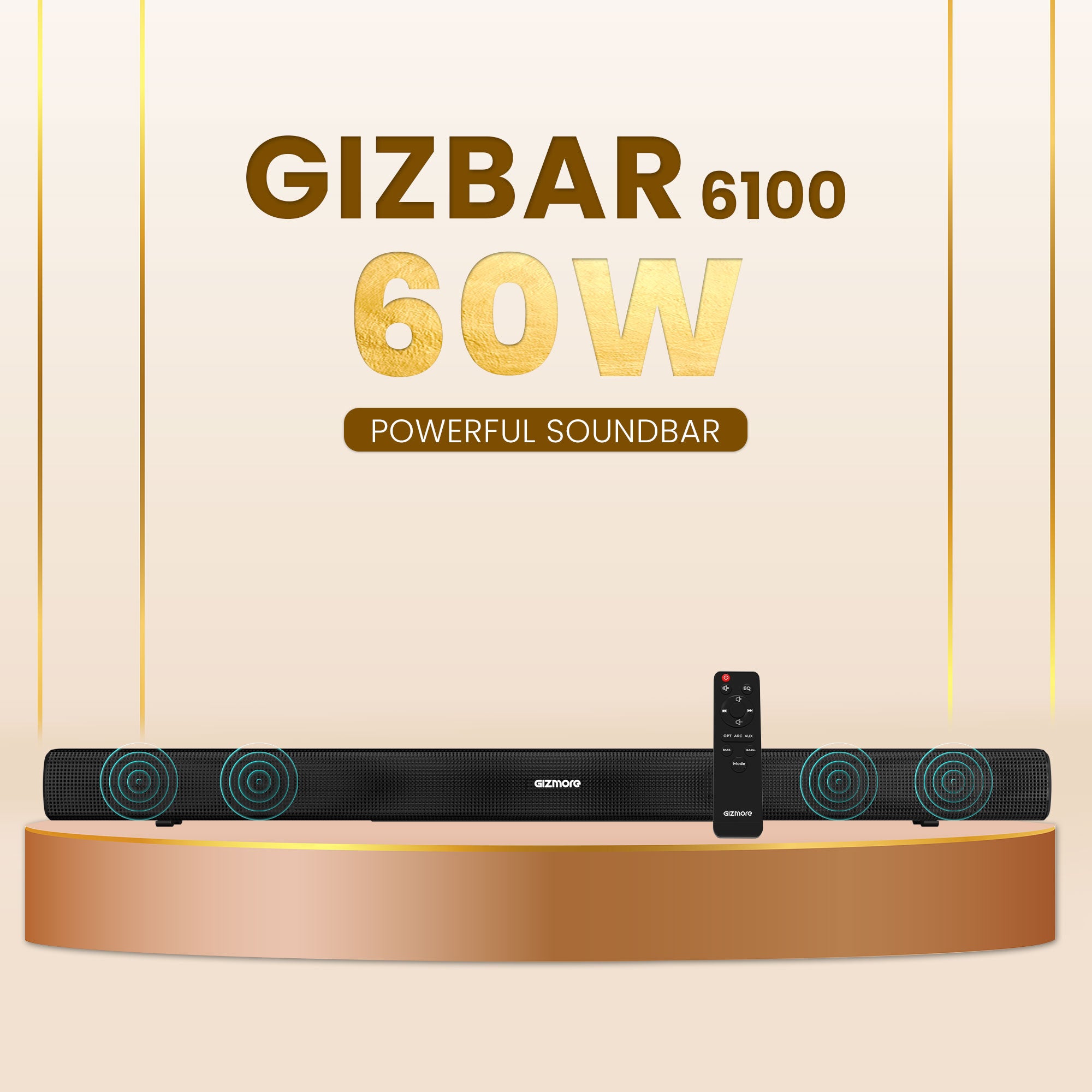 GIZMORE BAR6100 60W RMS Portable Bluetooth Soundbar with 360 Degree Surround Sound & Extra Deep Bass| Wall Mounted| Multi Connectivity & Remote Control connect with Mobile/TV/PC and Projector