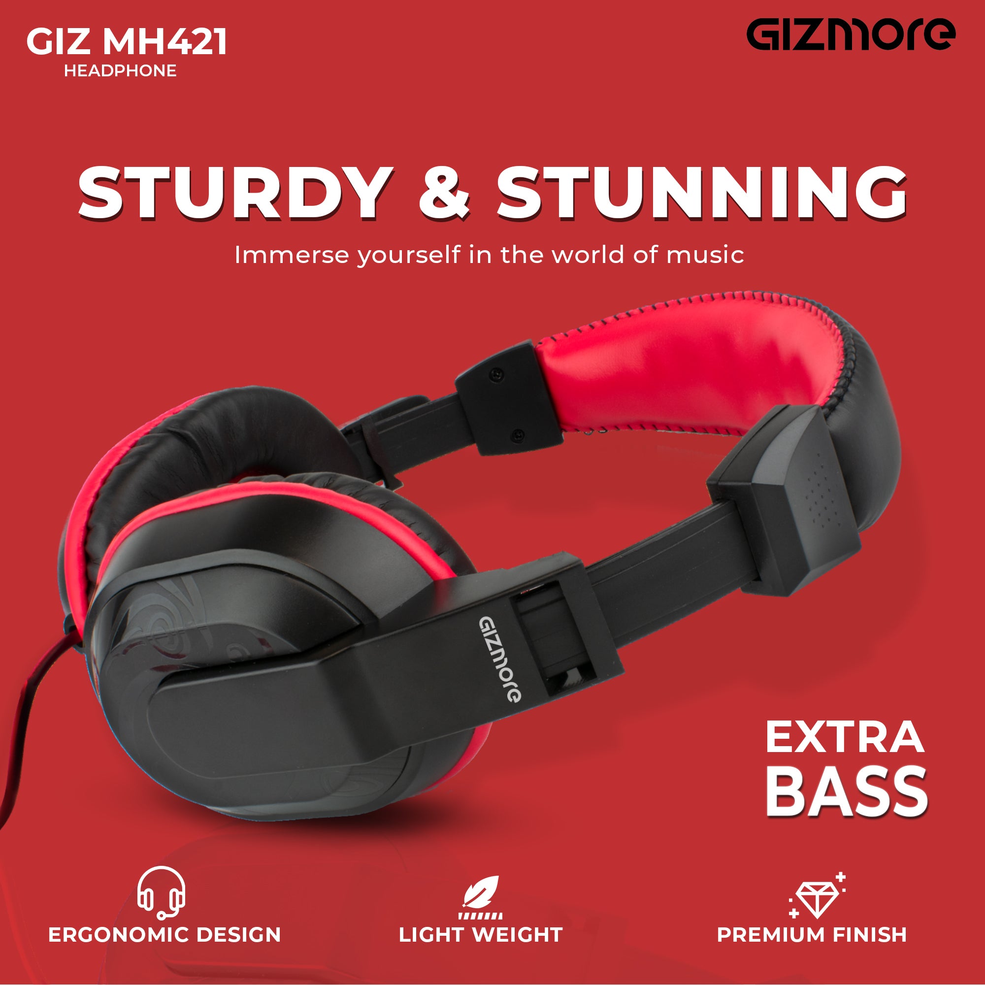 GIZMORE MH421 Wired Over Ear Headphone with Microphone Stereo Headset, 3.5 mm Audio Input, Volume Control Wheel, Adjustable Headband Compatible with Laptop, PC, Smartphones (Black)