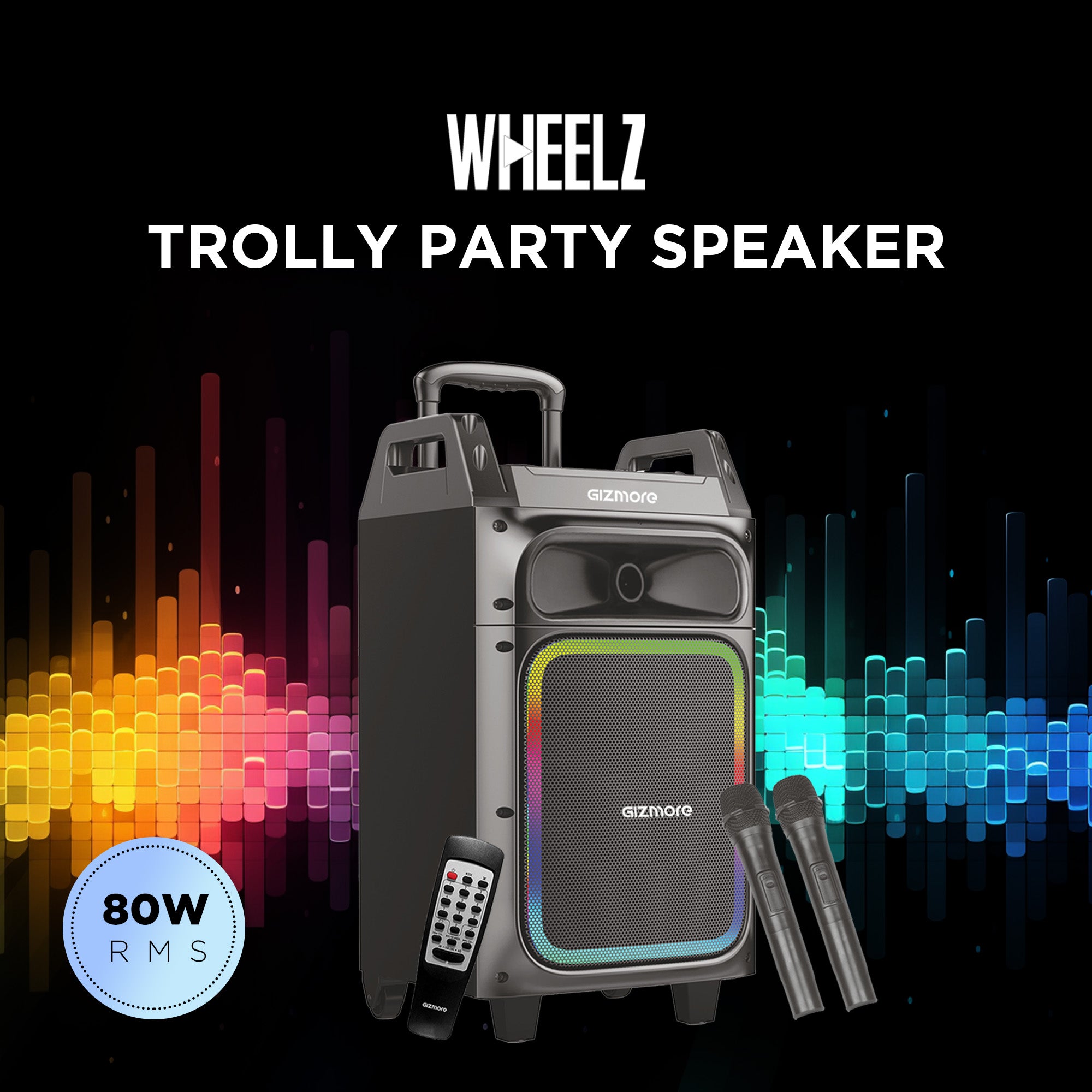 GIZMORE 80W T5000 Pro Trolley Party Speaker with Dual Wireless MIC, 4 Hrs Playtime, Supporting Digital LED Display, RGB Lights, Connect with Bluetooth, USB, FM, AUX & SD Card, Guitar and Remote Control