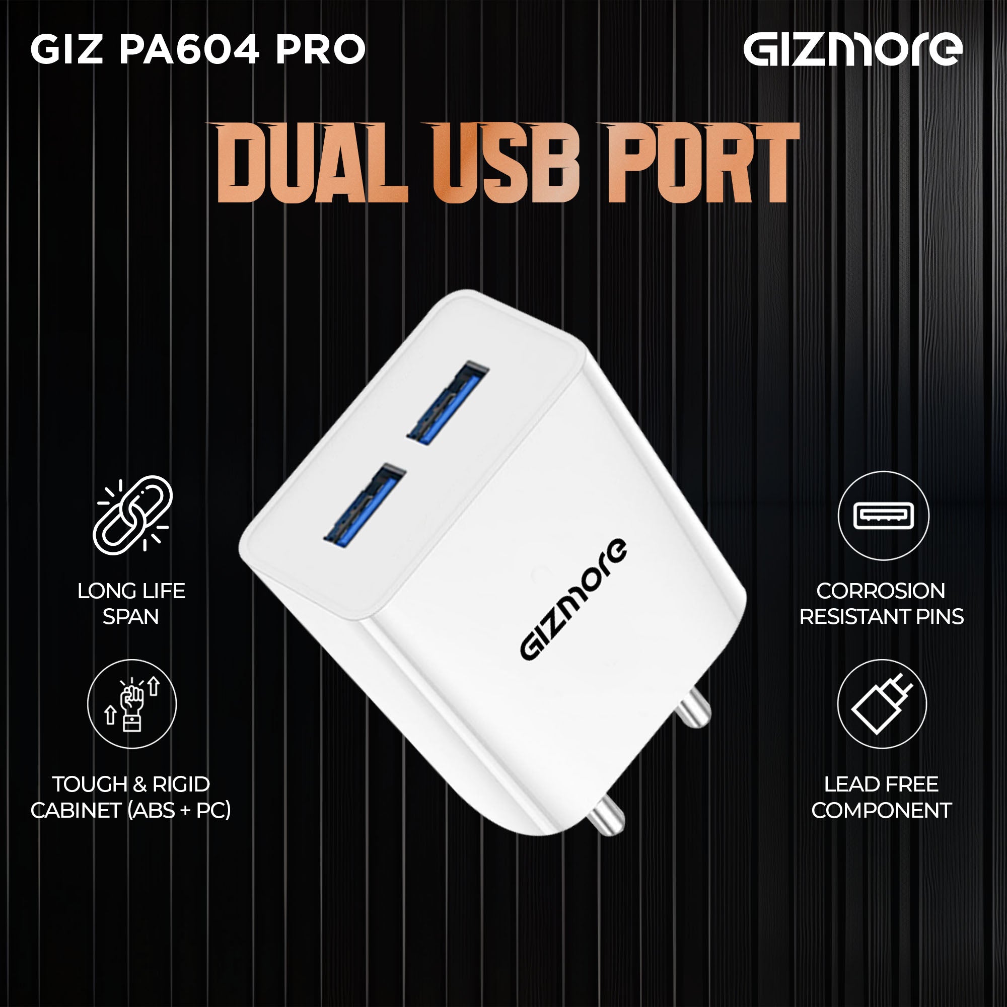 GIZMORE PA604M PRO 5V/2.4A Fast Charging Adapter with Inbuilt Micro USB cable