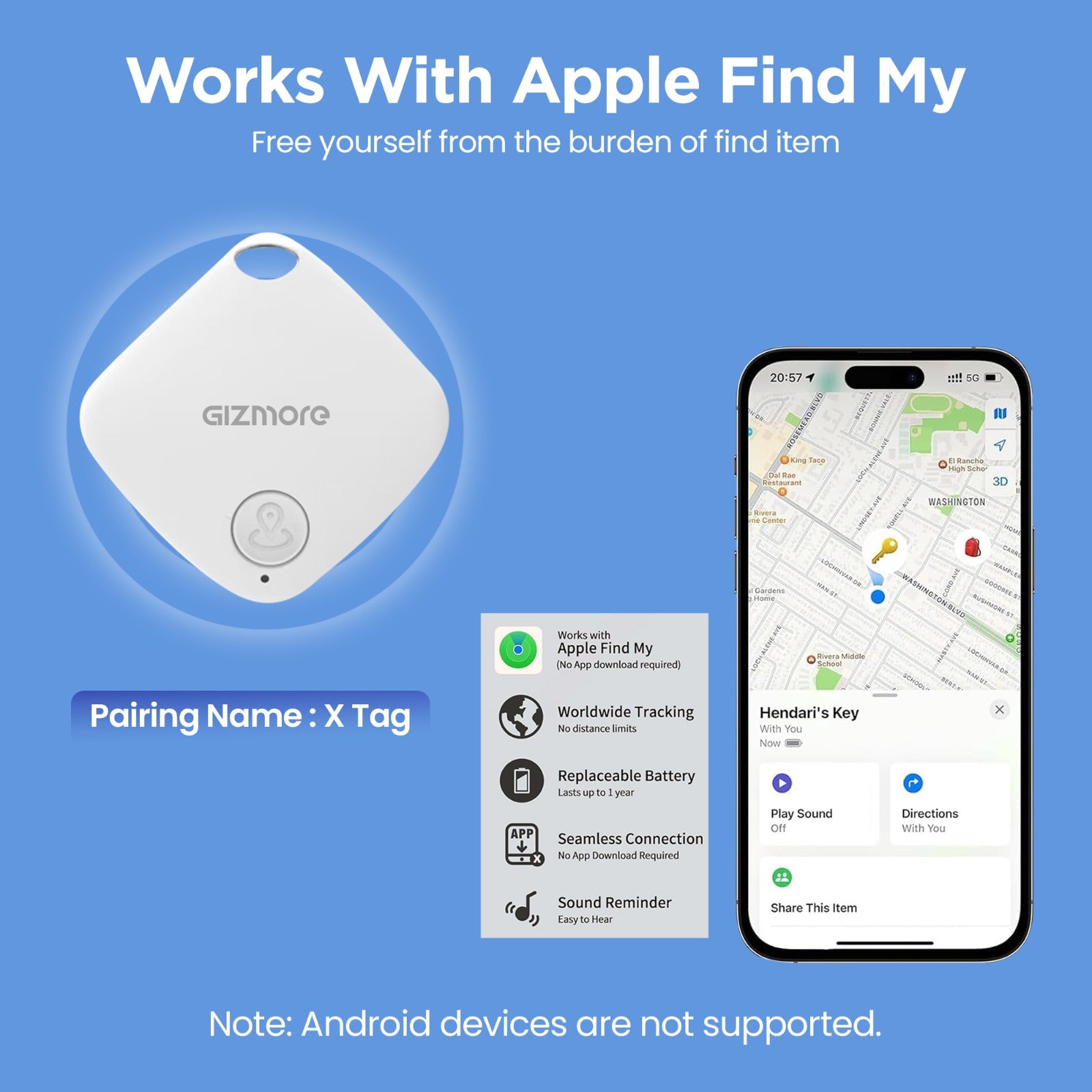 Gizmore X-Tag – Global Item Finder with Sound Reminder, Worldwide Tracking, Out-of-Range Alert, Seamless with Apple Find My Device app | Compatible with iOS 14 & Above