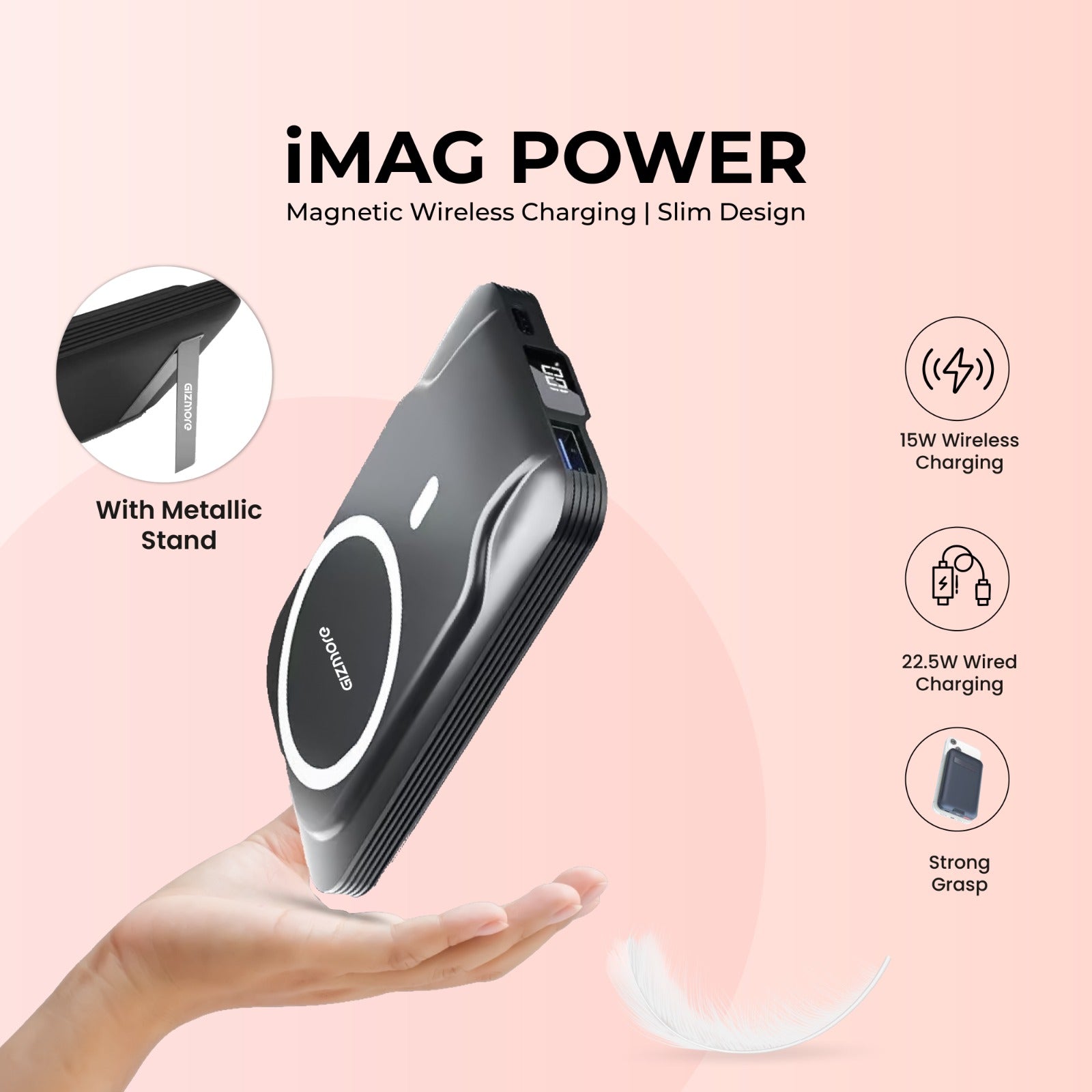 GIZ PD10K 10000mAh iMag Magnetic Wireless Power Bank with Metallic stand | 15W Wireless Fast Charging | 22.5W PD Wired Charging | Digital Display | Slim & Portable | Dual Output | Strong Magnetic Grip