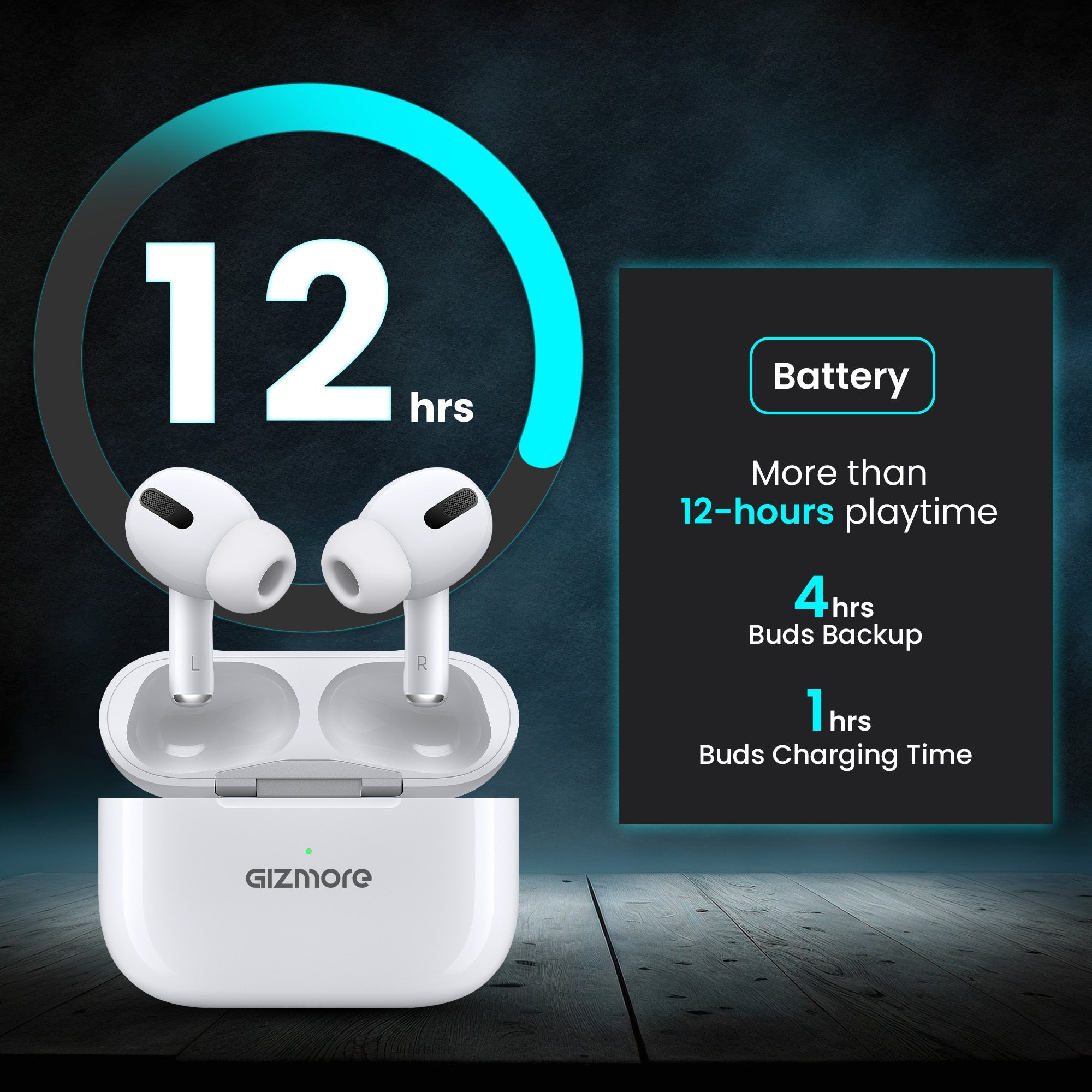 GIZMORE 862 | TWS In-Ear Earbuds Type-C Fast Charging with 12 Hours Playtime & Bluetooth V5.0|13mm Bass Drivers| Sweat & Water Resistant | Touch Controls & Voice Assistant Earbuds (White)