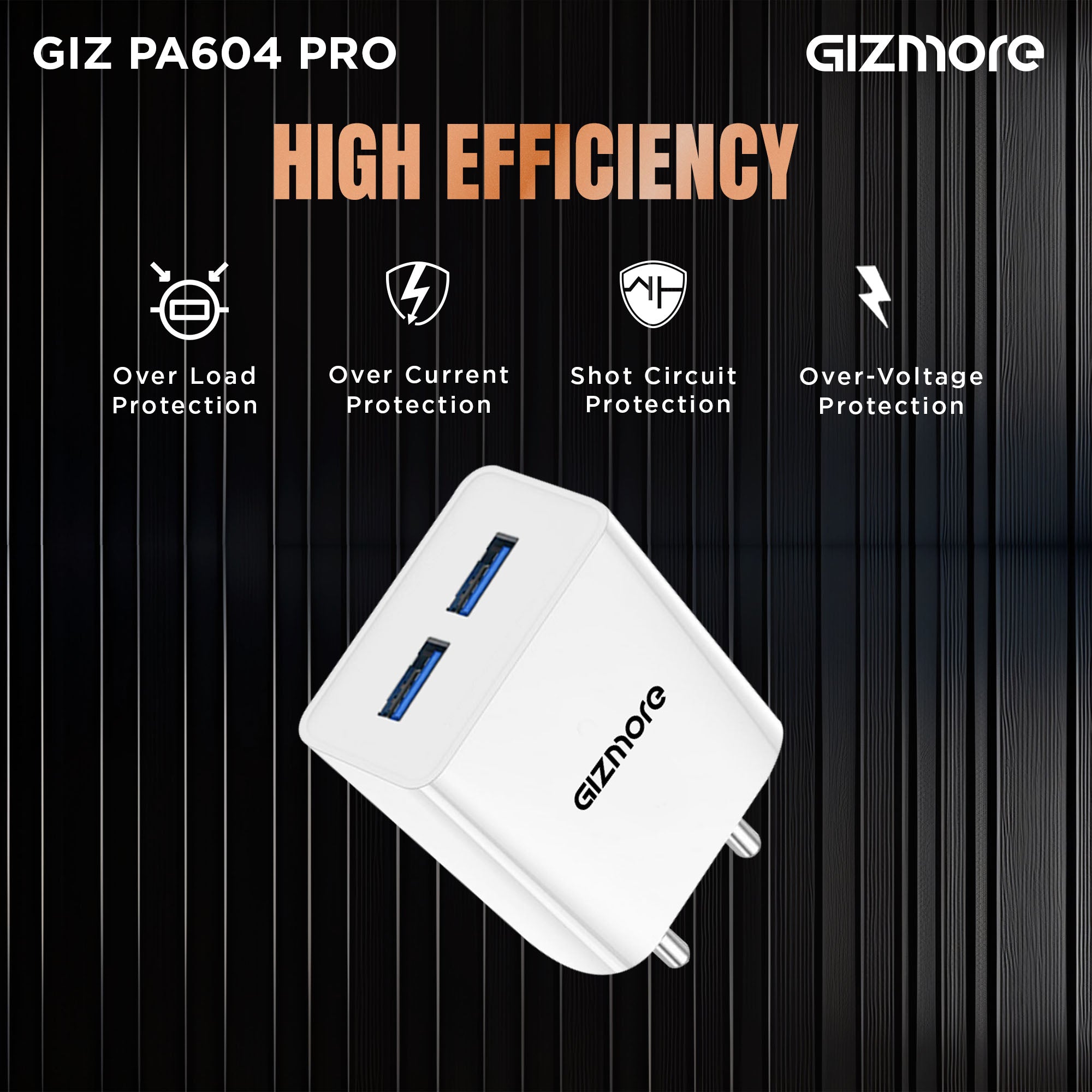 GIZMORE PA604M PRO 5V/2.4A Fast Charging Adapter with Inbuilt Micro USB cable