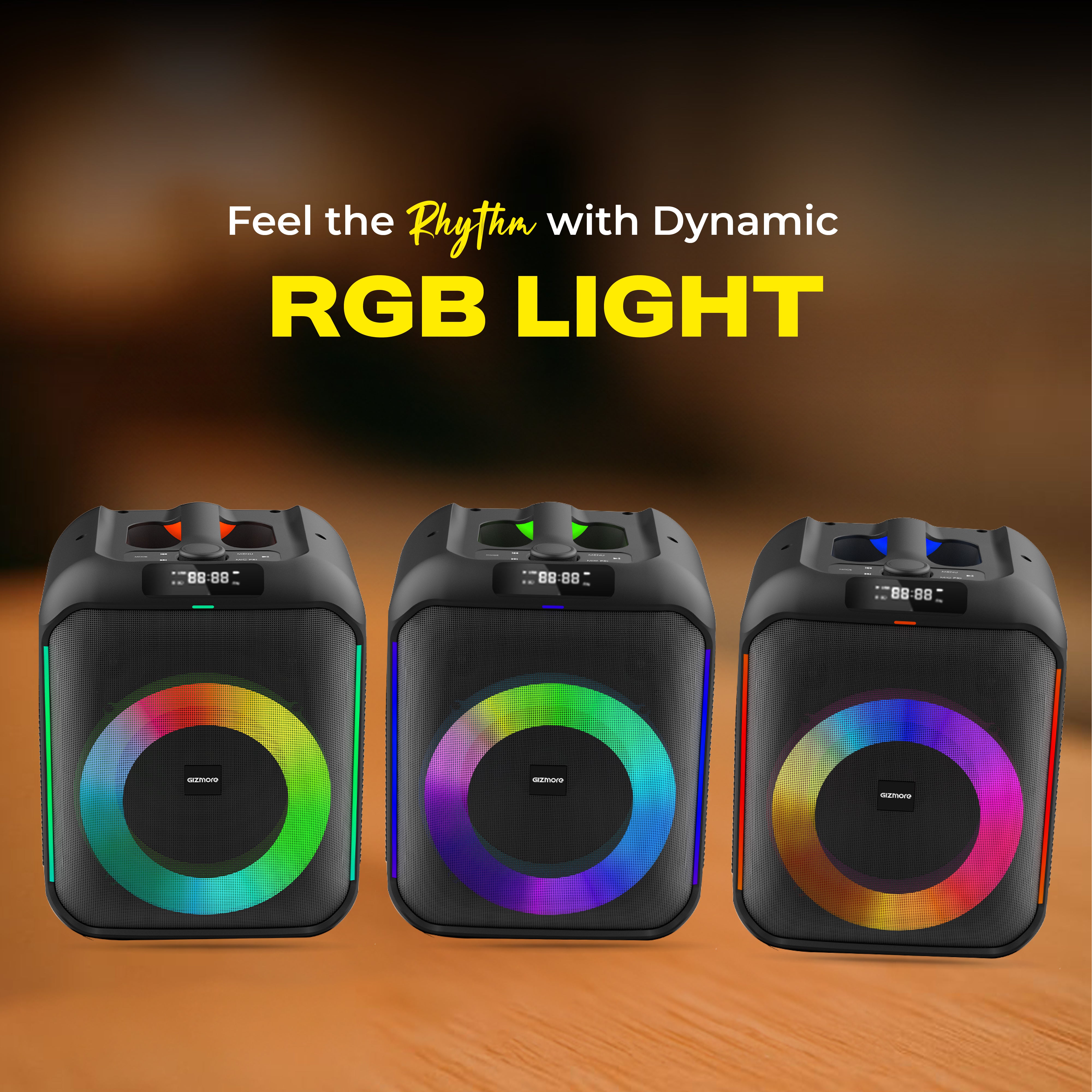 Gizmore T120 Thunder Bolt Party Speaker | 8 Hours Playtime | UHF Wireless Mic | TWS Function | RGB Lights | AUX/BT/USB/TF | Powerful Bass | Multi-Function Control