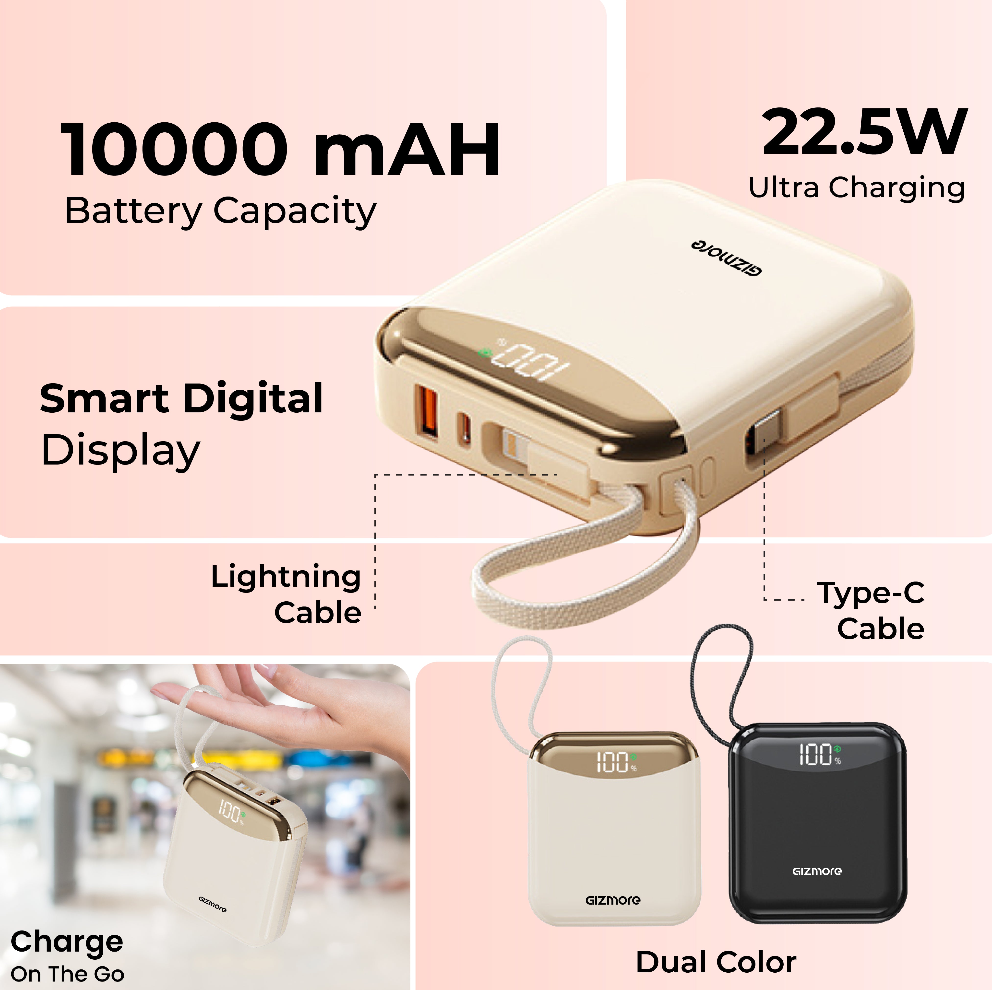 GIZ PD10K22 10000mAh Power Bank with Built-in Type-C & Lightning Cable | 22.5W Fast Charging | Smart Digital Display | Pocket Friendly | 2 Colors