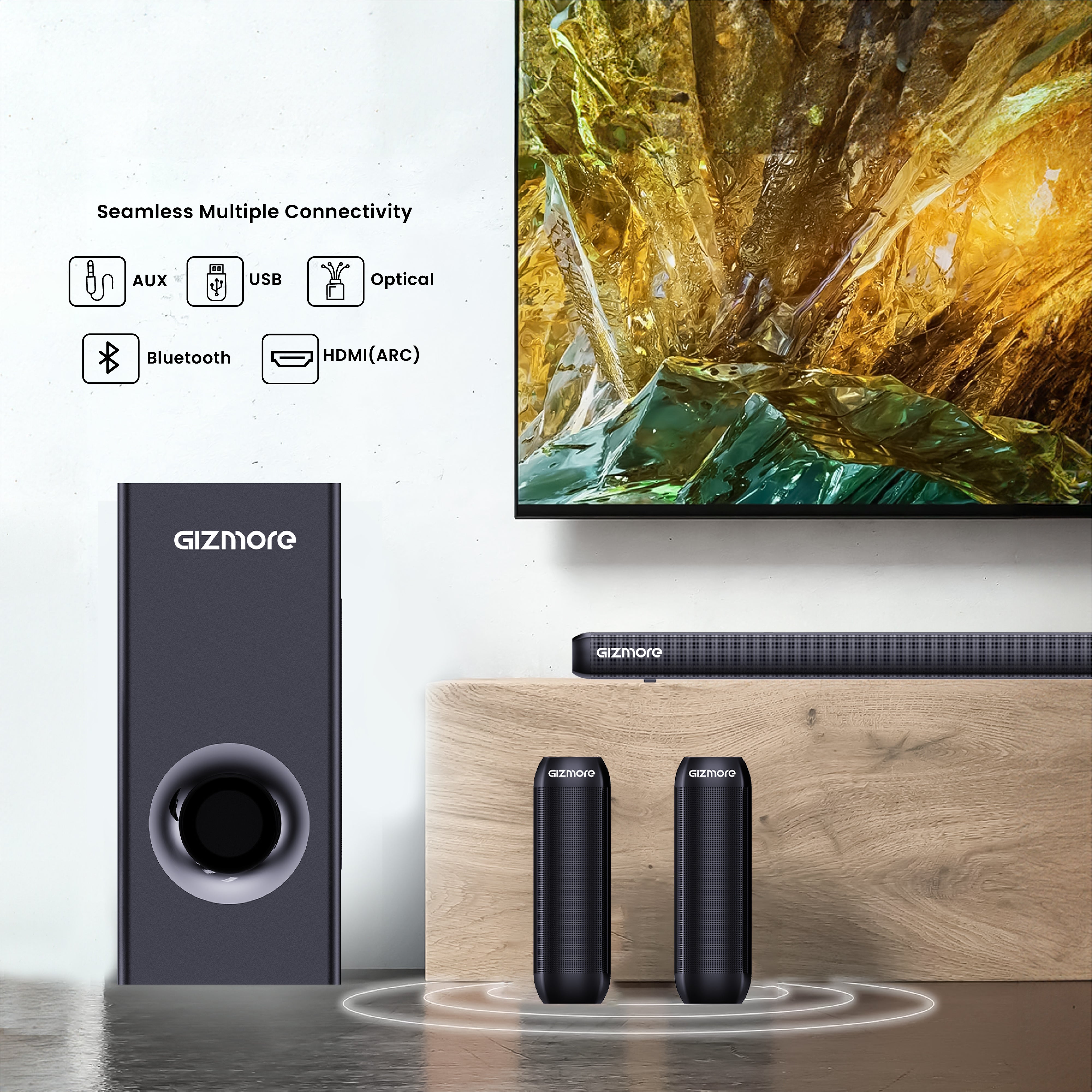 GIZBAR 320 Wired 5.1 Channel Soundbar with Subwoofer, 320W Audio Output, HDMI ARC, Optical, USB & AUX Connectivity, Multiple EQ Modes (Movie, Music, 3D, Sports)