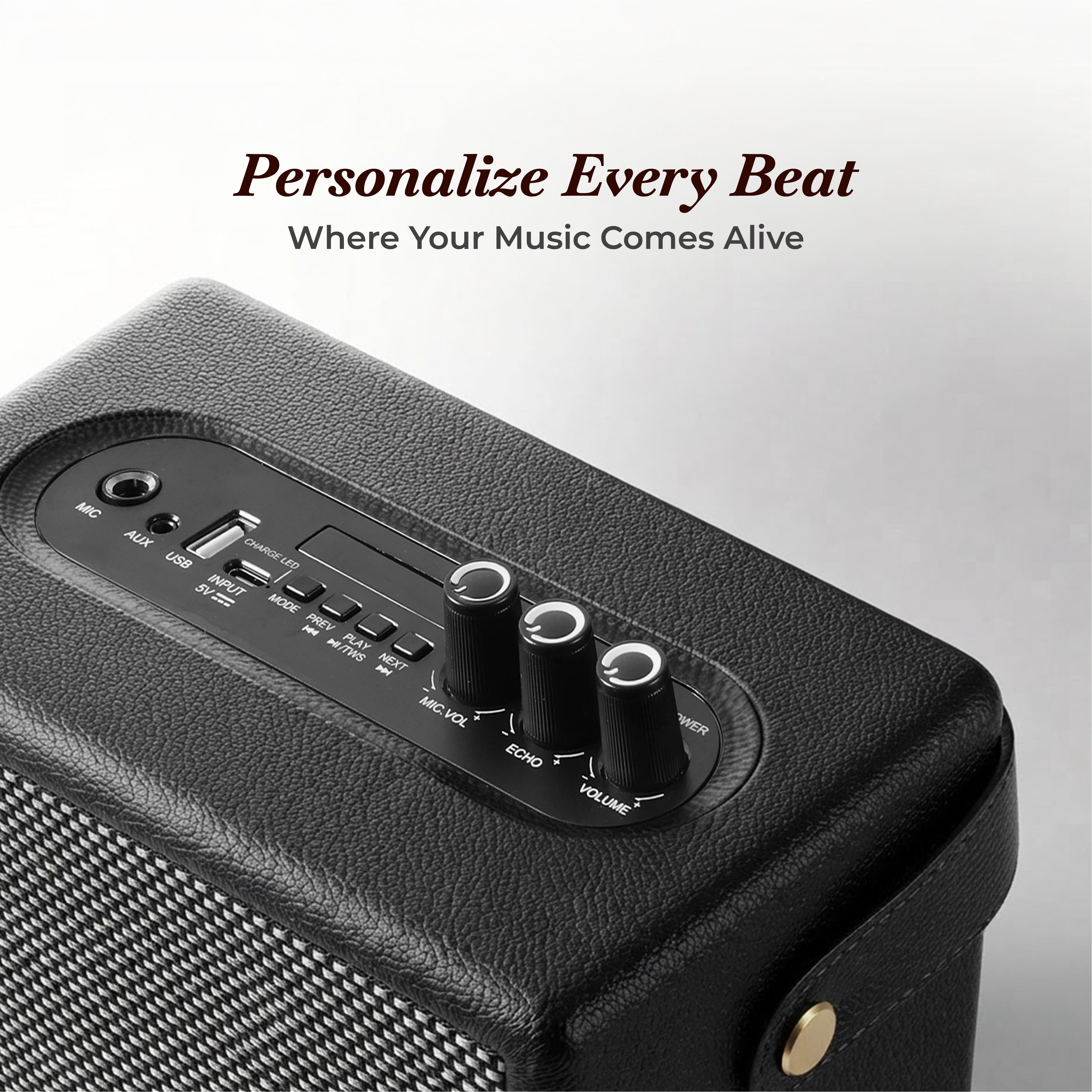 GIZMORE BEAT LUXE 30W RMS Bluetooth Speaker with Premium Wooden & Vegan Leather Finish, Portable Design, Up to 3 Hours Playtime, TWS Dual Pairing, Multi-Control Knobs, Carrying Strap