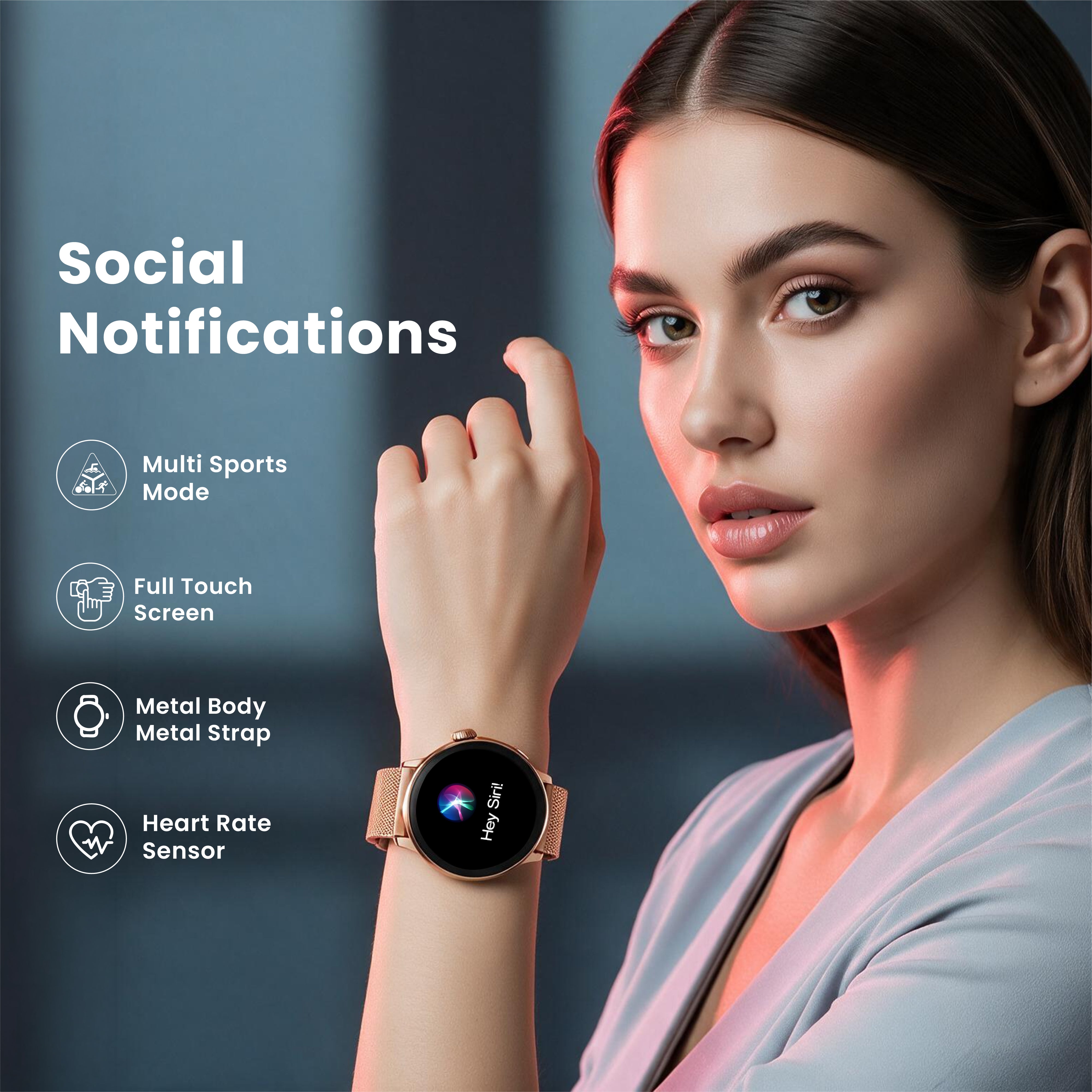 GIZMORE DIVA X Smartwatch for, Metal Crafted Wrist Design, 1.47" IPS Display, Rotating Crown, Health Rate Sensor, Multi Sports Modes, Up to 5 Hours Battery Life