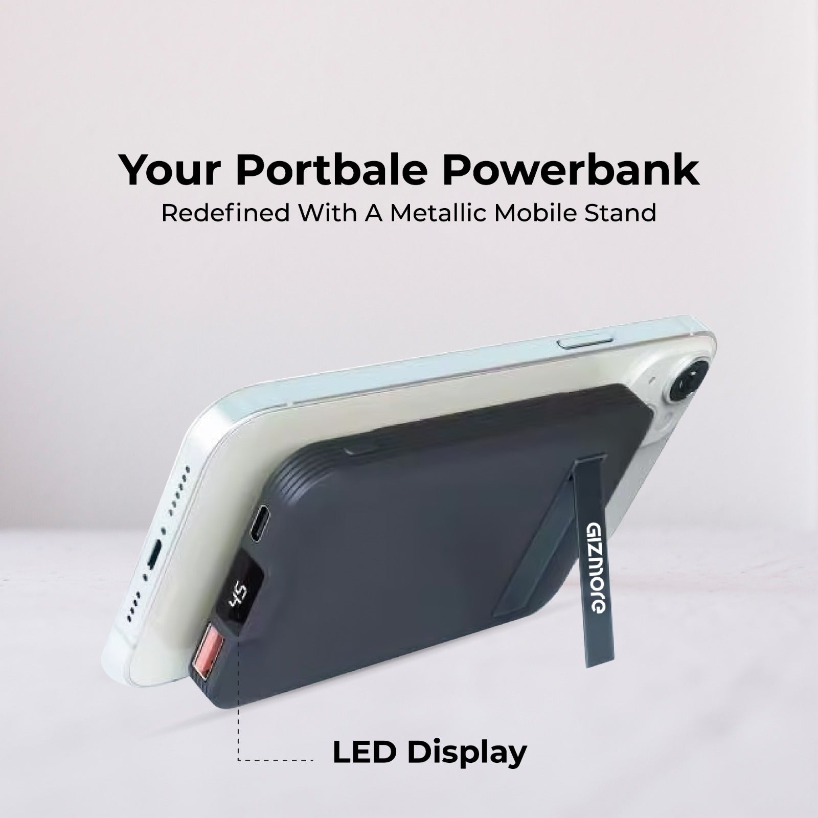 GIZ PD10K 10000mAh iMag Magnetic Wireless Power Bank with Metallic stand | 15W Wireless Fast Charging | 22.5W PD Wired Charging | Digital Display | Slim & Portable | Dual Output | Strong Magnetic Grip