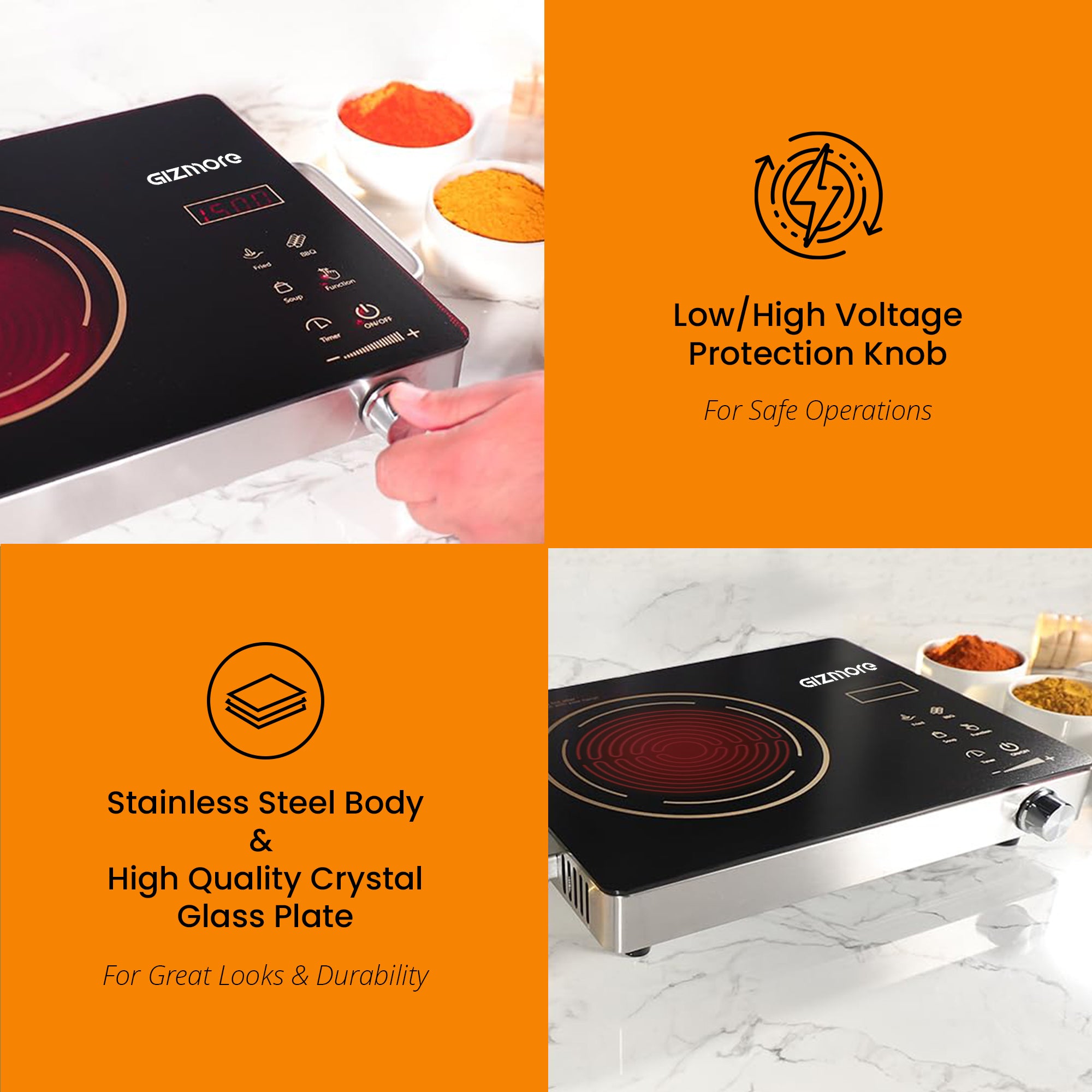 GIZMORE 2200 W Infrared Induction Cooktop Compatible with All Utensils| Crystal Glass & Touch Control| Auto Cooling System |Digital Display |Temperature Adjustability