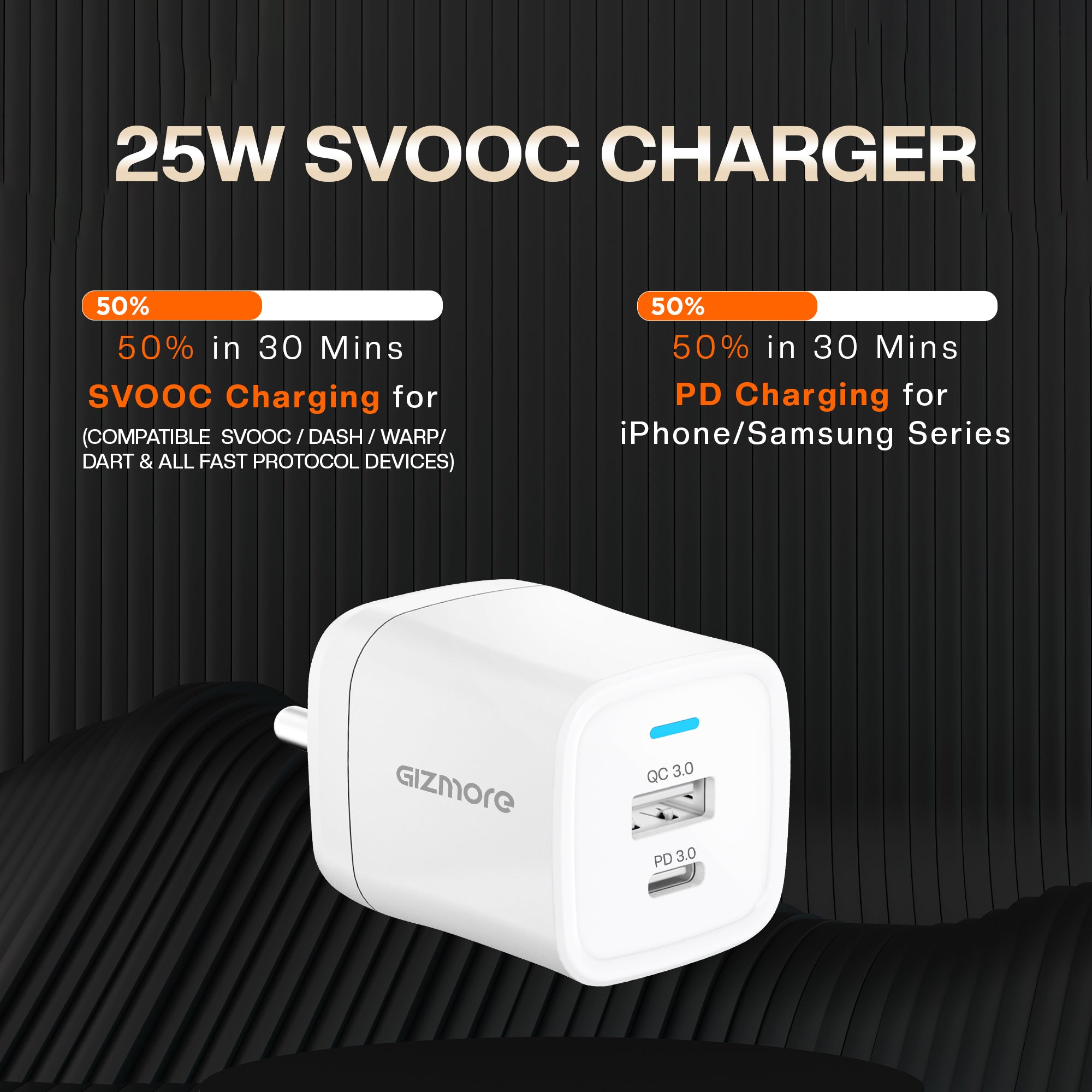 Gizmore PA626 25W Dual Port(QC+PD) Charger PD/PPS/SuperVOOC Compatib