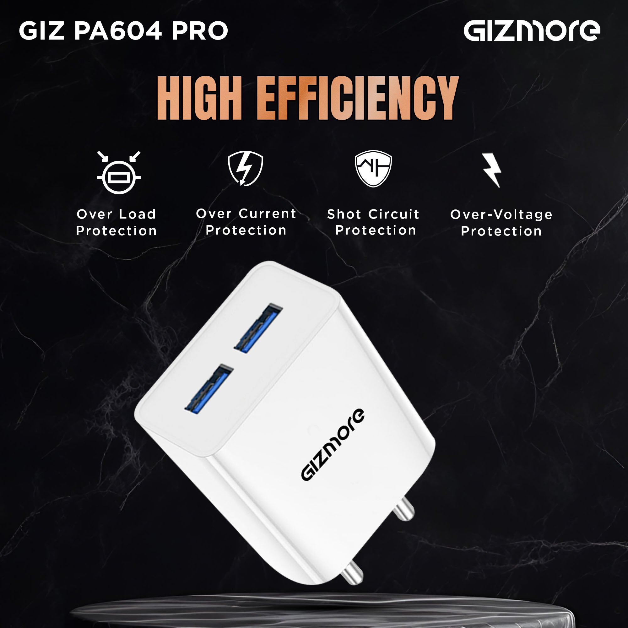 GIZMORE PA604C PRO 5V/2.4A Fast Charging Adapter with Inbuilt Type-C Cable