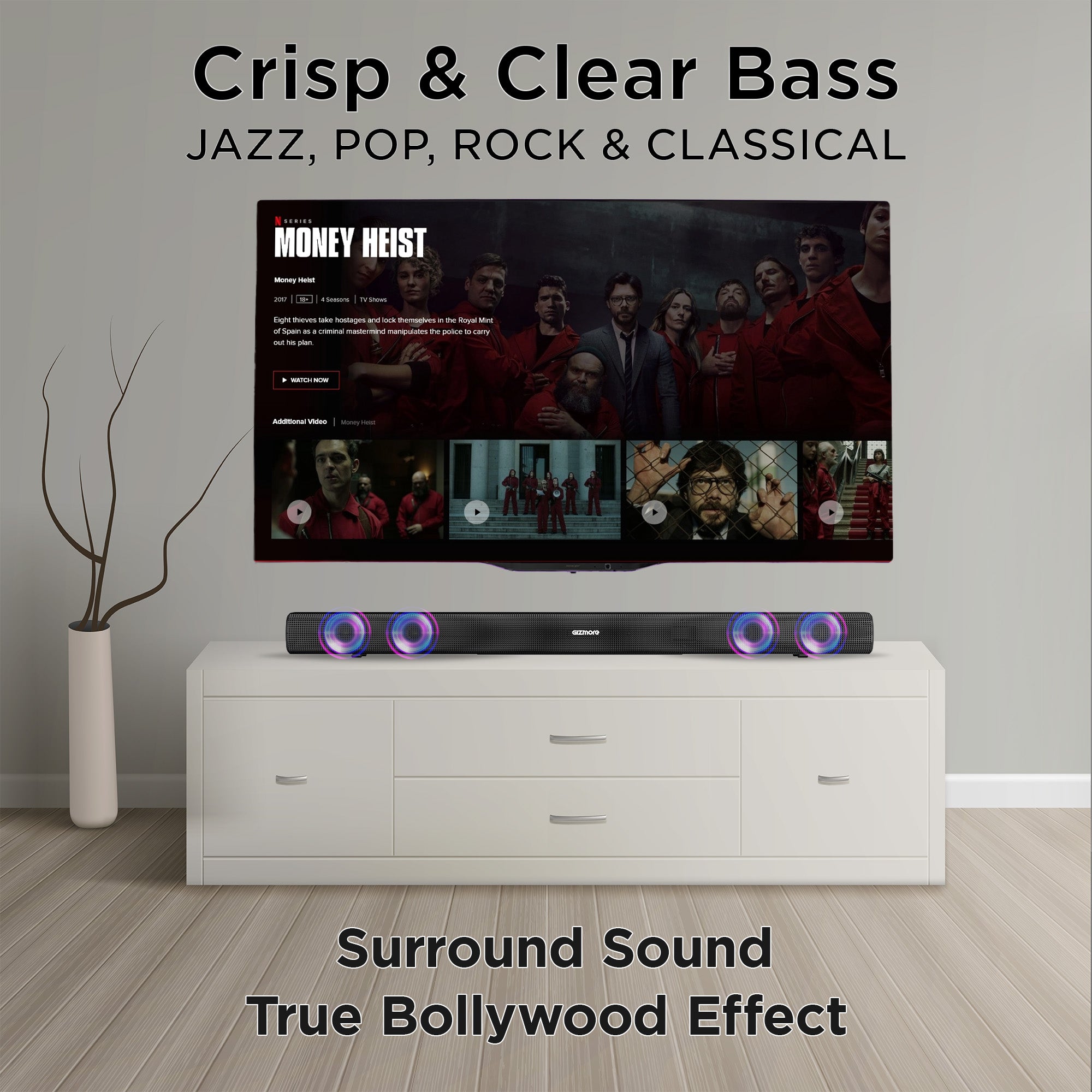 GIZMORE BAR6100 60W RMS Portable Bluetooth Soundbar with 360 Degree Surround Sound & Extra Deep Bass| Wall Mounted| Multi Connectivity & Remote Control connect with Mobile/TV/PC and Projector