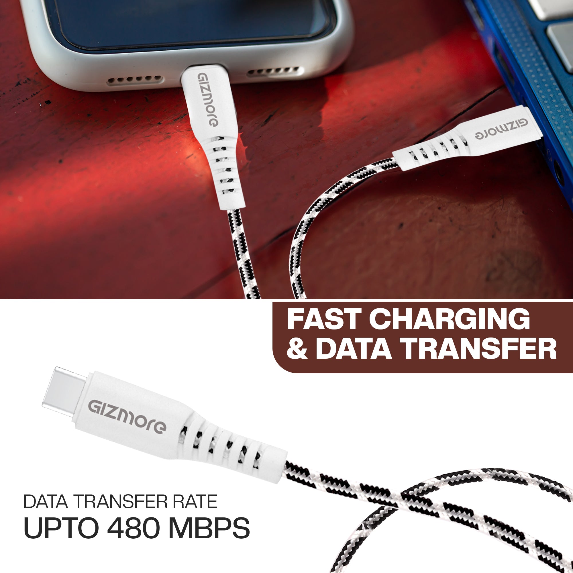 GIZMORE WCC65 Type-C to Type-C Fast Charging Cable – Premium Braided, 65W Output, 20000+ Bend Lifespan, Superior Copper Wire, 480Mbps Data Transfer, Charge & Sync Cable