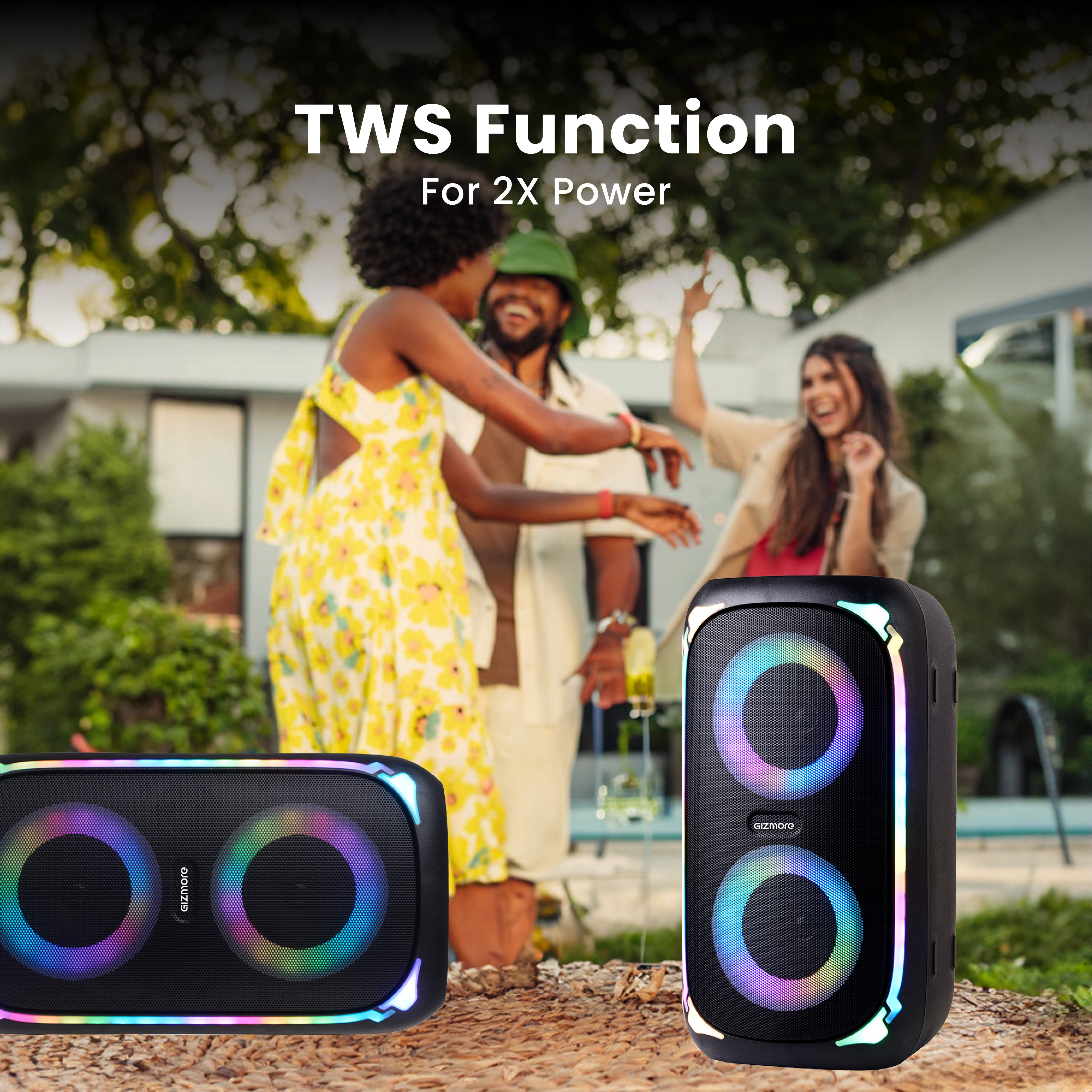 GIZ T100 Thunder Storm Bluetooth Speaker 50W, 4x2 Inch Drivers, Wireless Mic, RGB Lights, TWS Pairing, Multi Connectivity (BT/USB/AUX/TF), LED Display – Powerful Bass Party Speaker