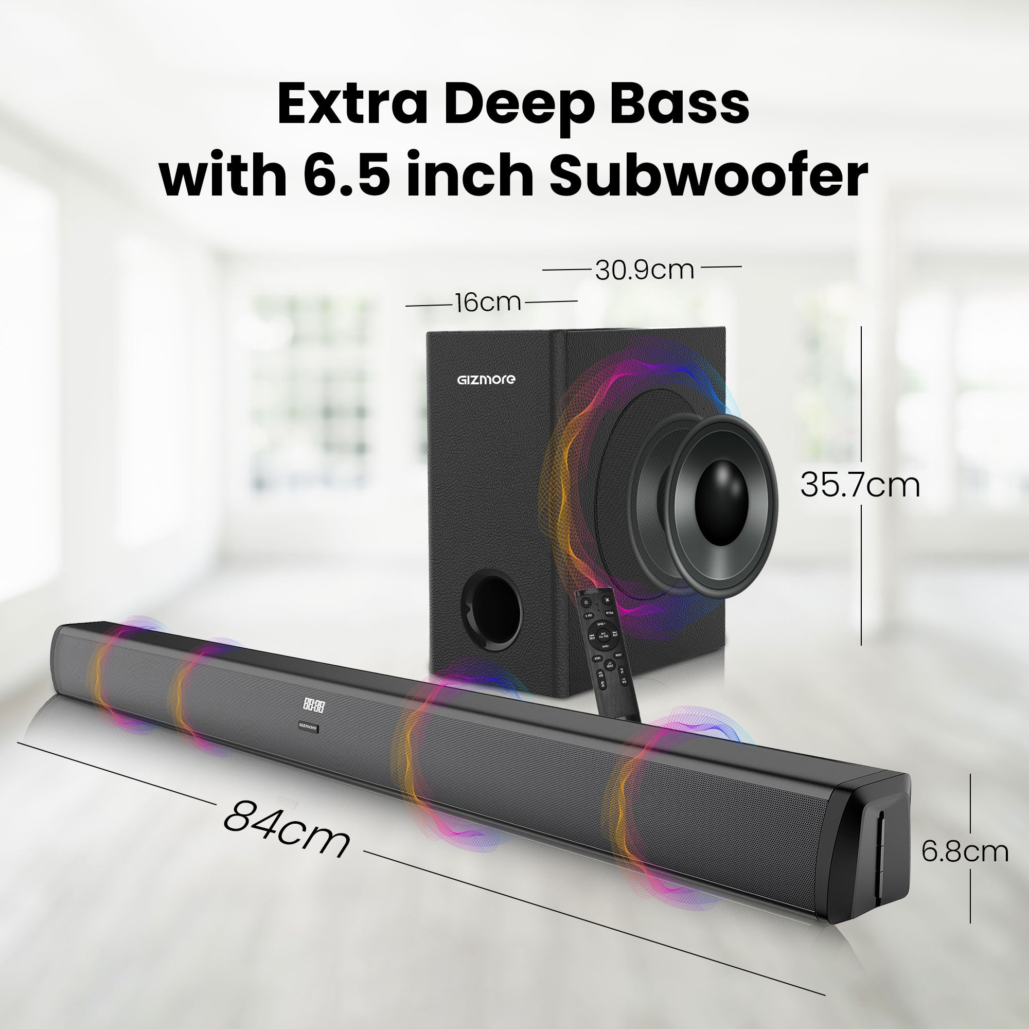 GIZMORE BAR14000, Wired Soundbar with 6.5 Inch Subwoofer for Extra Deep Bass, 2.1 Channel Home Theatre with Remote, EQ Modes, HDMI/ARC, Bluetooth & Optical Connectivity (200W)