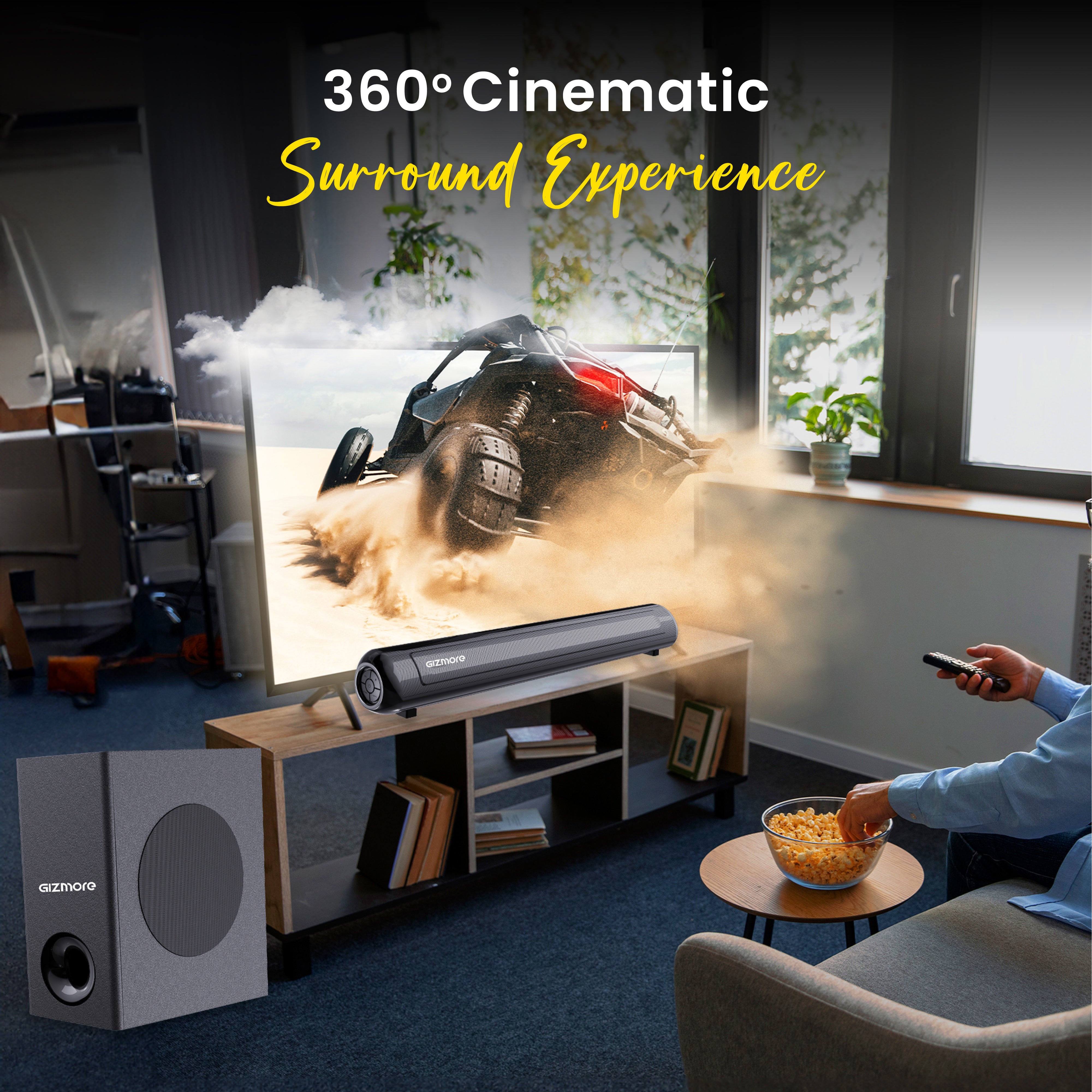 GIZBAR 100 – 2.1 Channel Soundbar with 100W Powerful Output | Multiple connectivity- HDMI ARC, AUX, USB, Optical | Remote Control | Multiple EQ Modes (Music, Movies, News, 3D) |Theater experience at home.