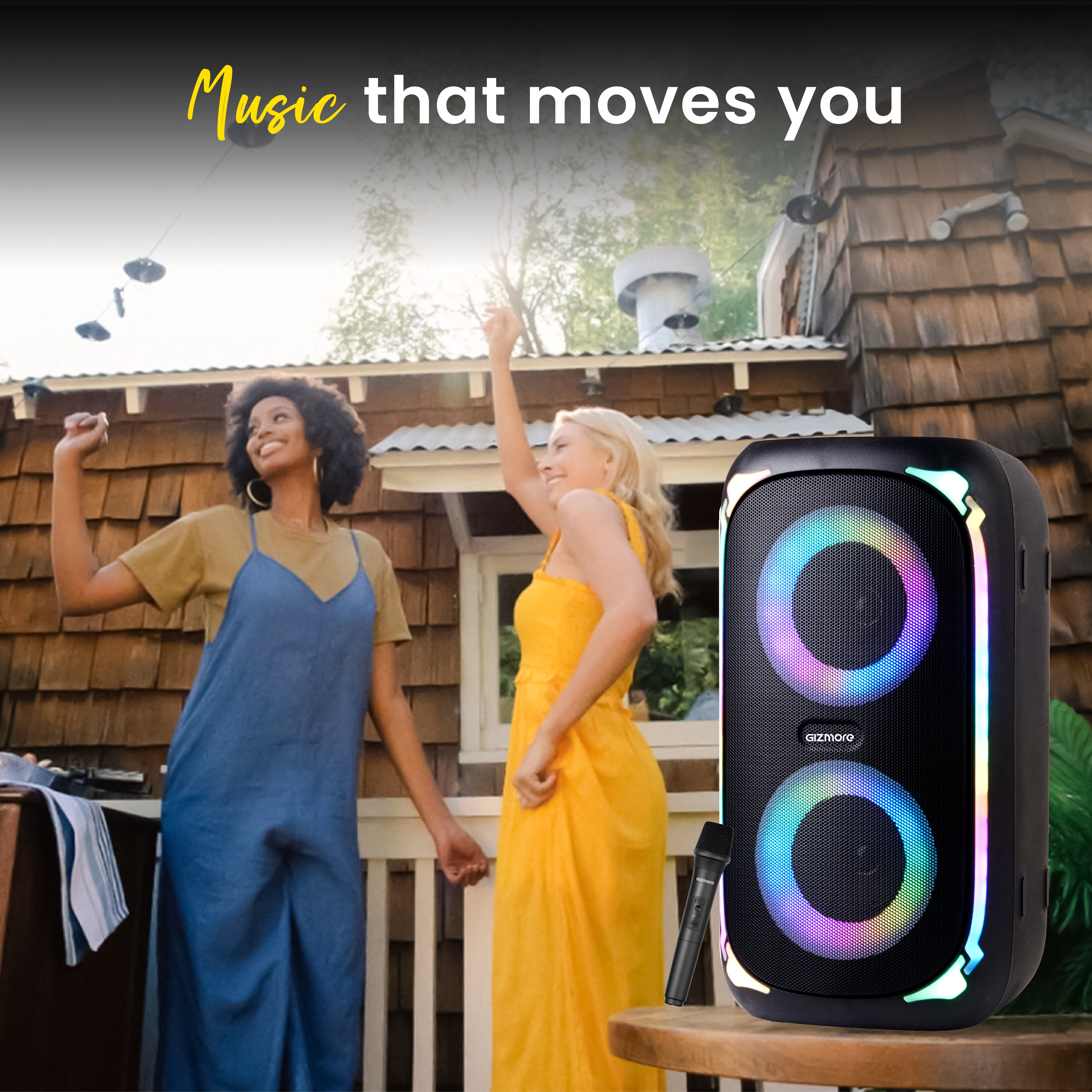 GIZ T100 Thunder Storm Bluetooth Speaker 50W, 4x2 Inch Drivers, Wireless Mic, RGB Lights, TWS Pairing, Multi Connectivity (BT/USB/AUX/TF), LED Display – Powerful Bass Party Speaker