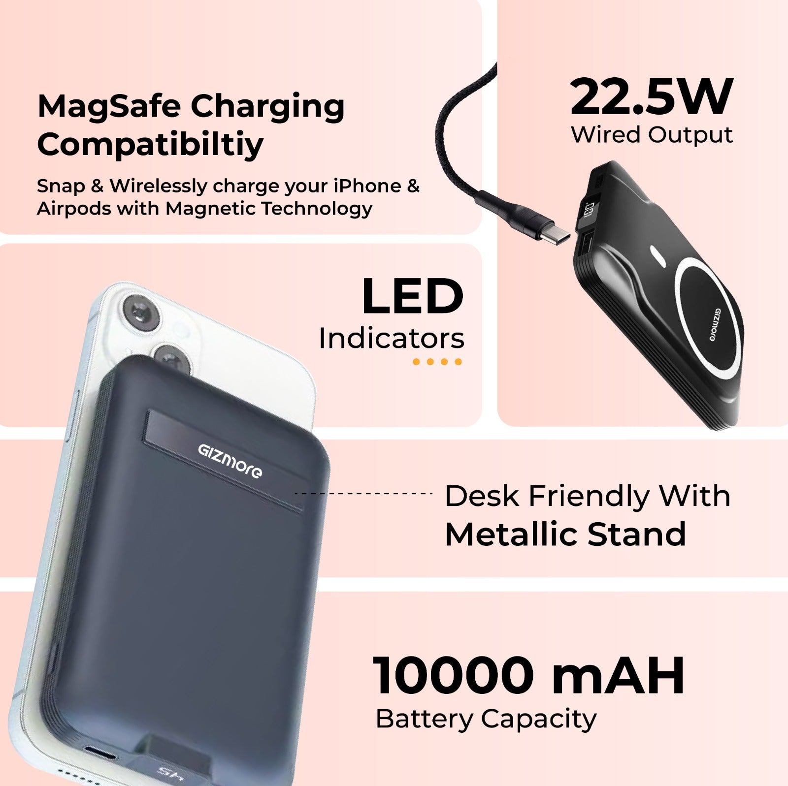 GIZ PD10K 10000mAh iMag Magnetic Wireless Power Bank with Metallic stand | 15W Wireless Fast Charging | 22.5W PD Wired Charging | Digital Display | Slim & Portable | Dual Output | Strong Magnetic Grip