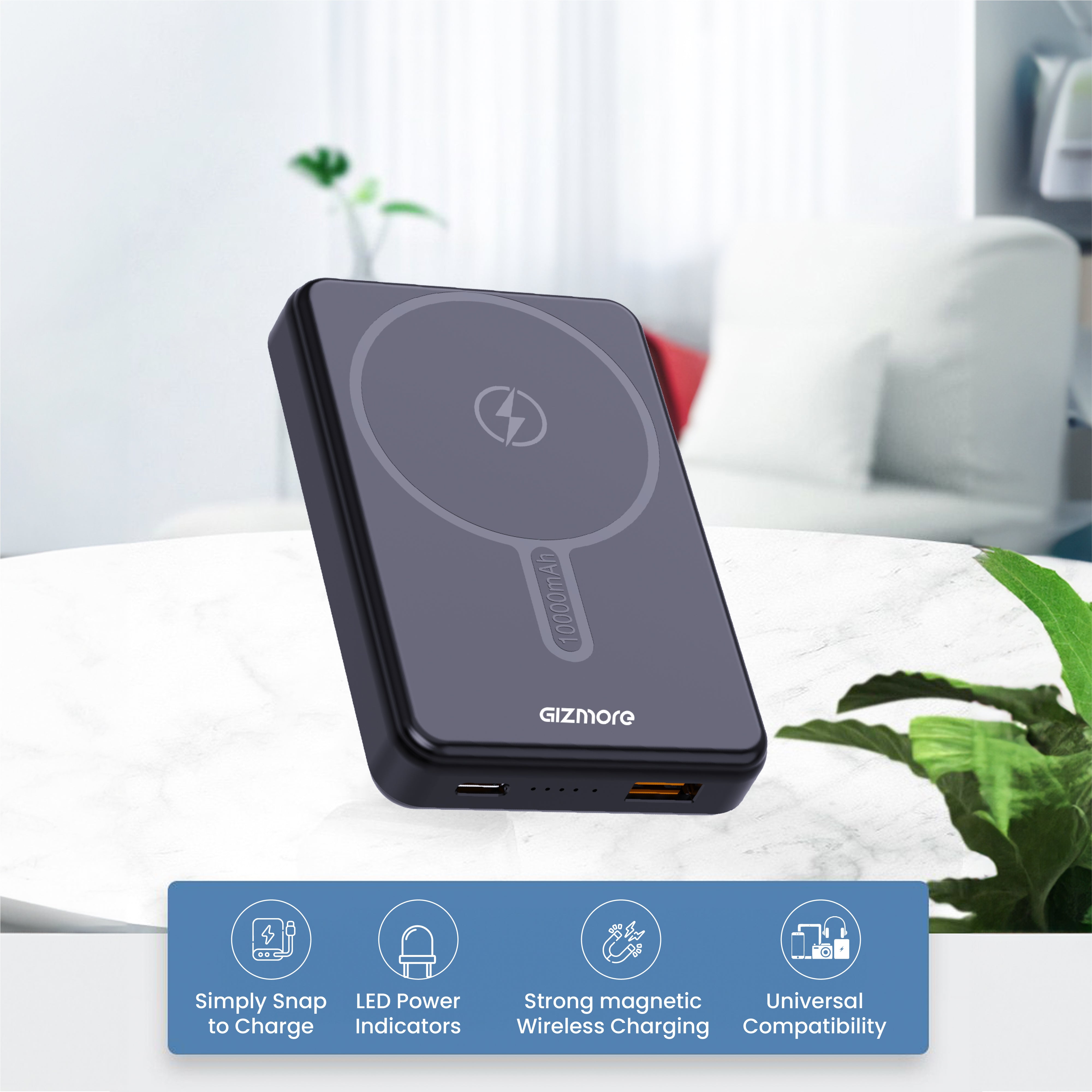 GIZ PD10K43, 10000mAh Wireless MagSafe Power Bank, 15W Fast Wireless Charging, 22.5W Type-C Output, Slim Portable Design, with LED Indicators