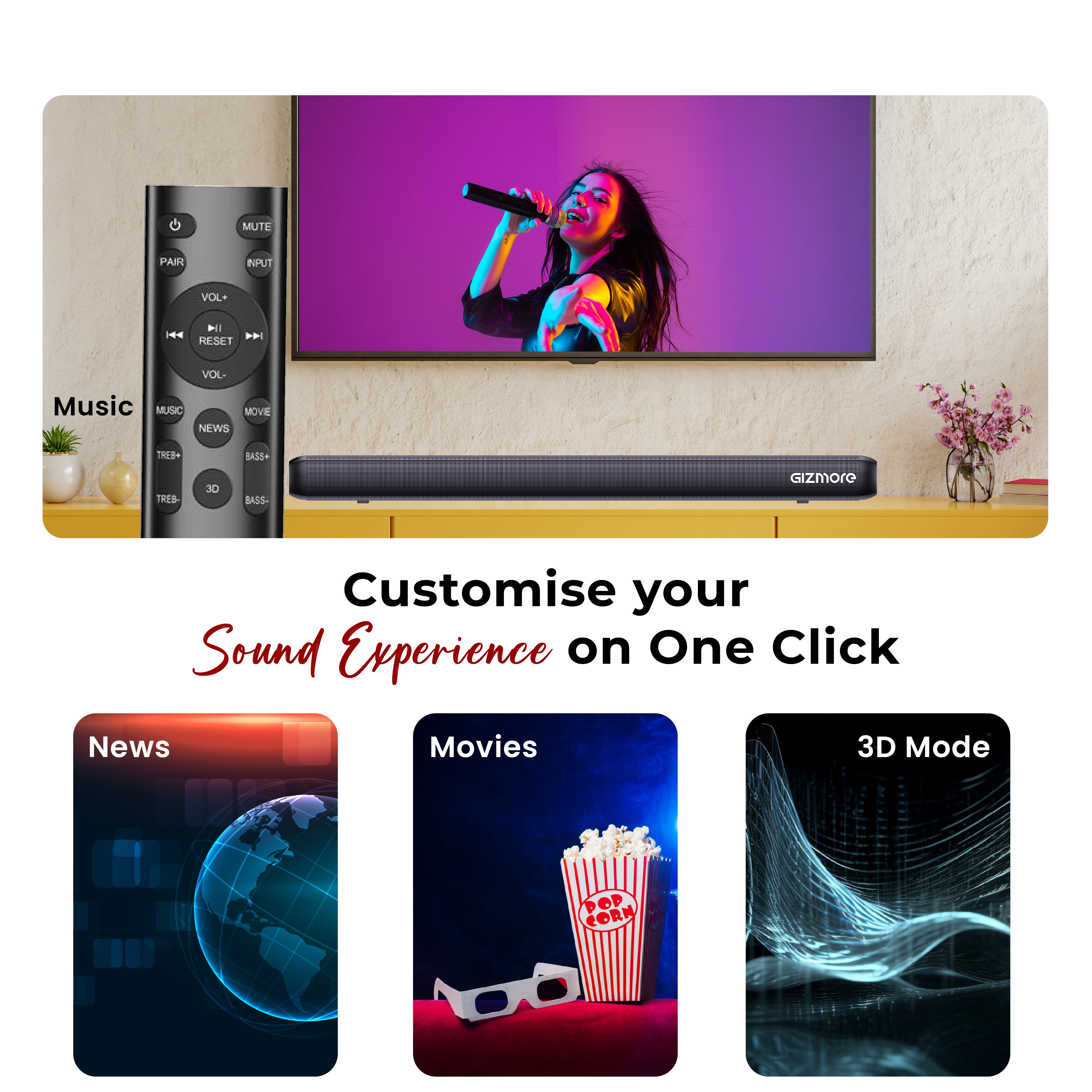 GIZBAR 320 Wired 5.1 Channel Soundbar with Subwoofer, 320W Audio Output, HDMI ARC, Optical, USB & AUX Connectivity, Multiple EQ Modes (Movie, Music, 3D, Sports)