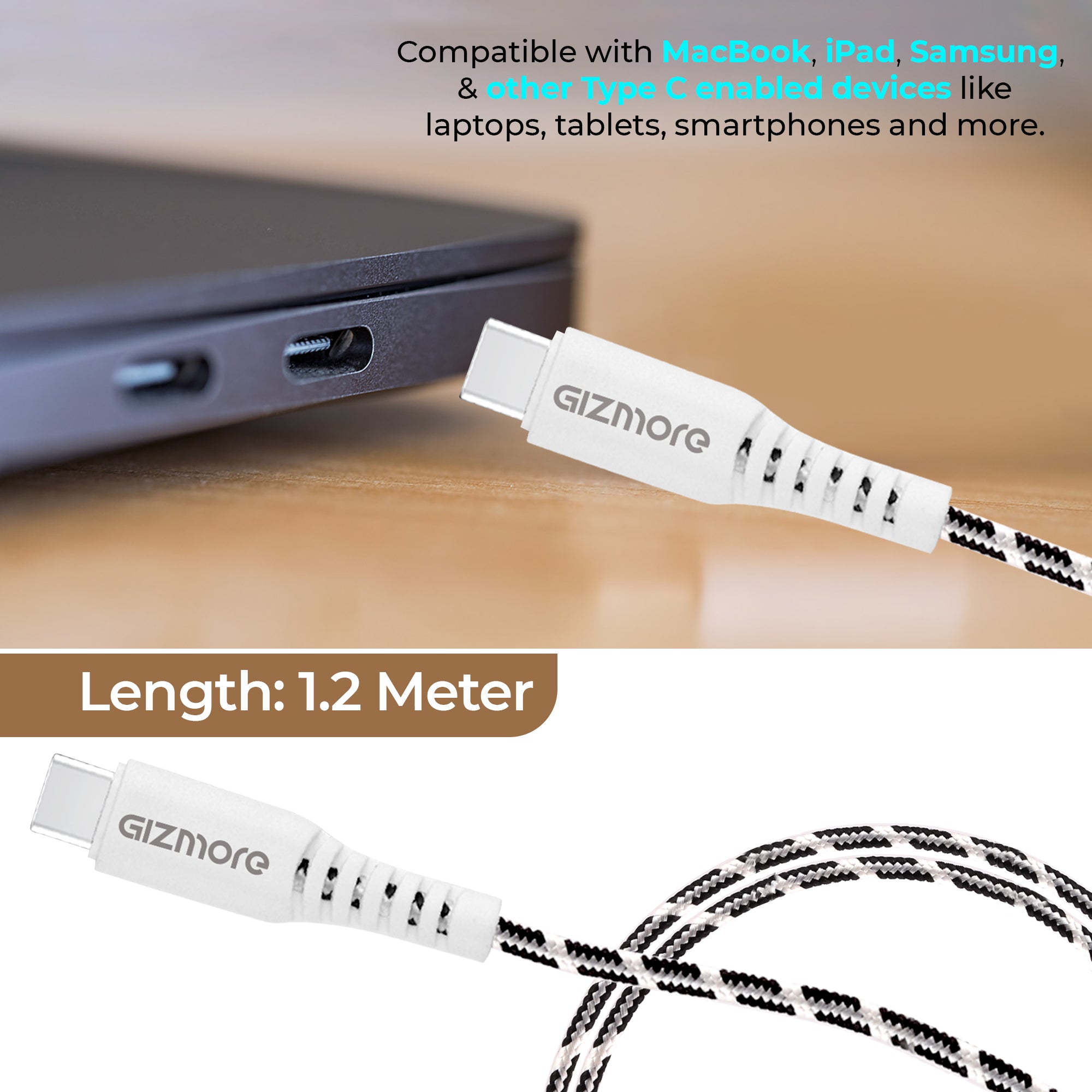 GIZMORE WCC65 Type-C to Type-C Fast Charging Cable – Premium Braided, 65W Output, 20000+ Bend Lifespan, Superior Copper Wire, 480Mbps Data Transfer, Charge & Sync Cable