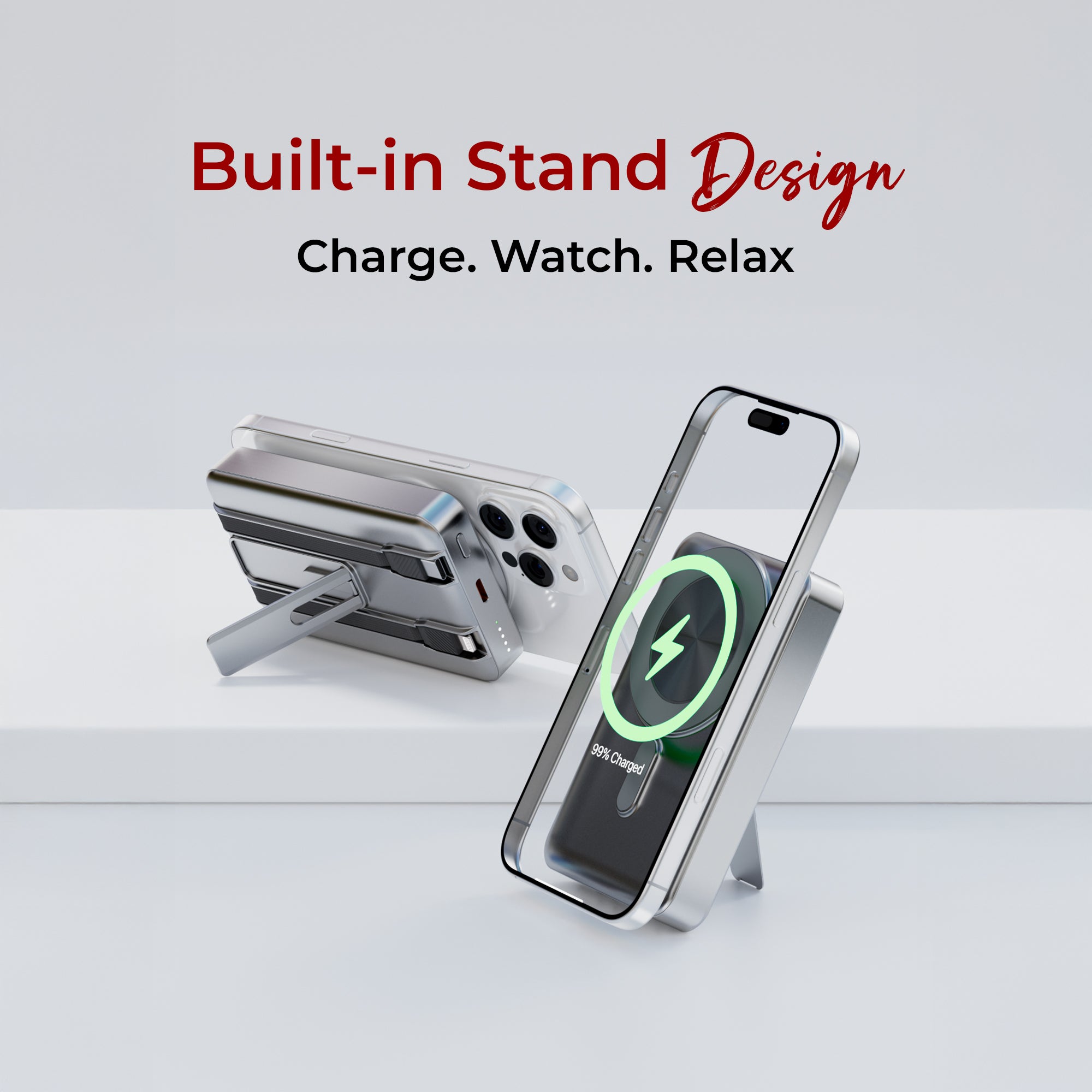 GIZMORE PD10K44 imagvolt 10000mAh Magnetic Power Bank with Built-in USB-C & Lightning Cables, Foldable Mobile Stand, Metallic Finish, Fast Charging Portable Power bank