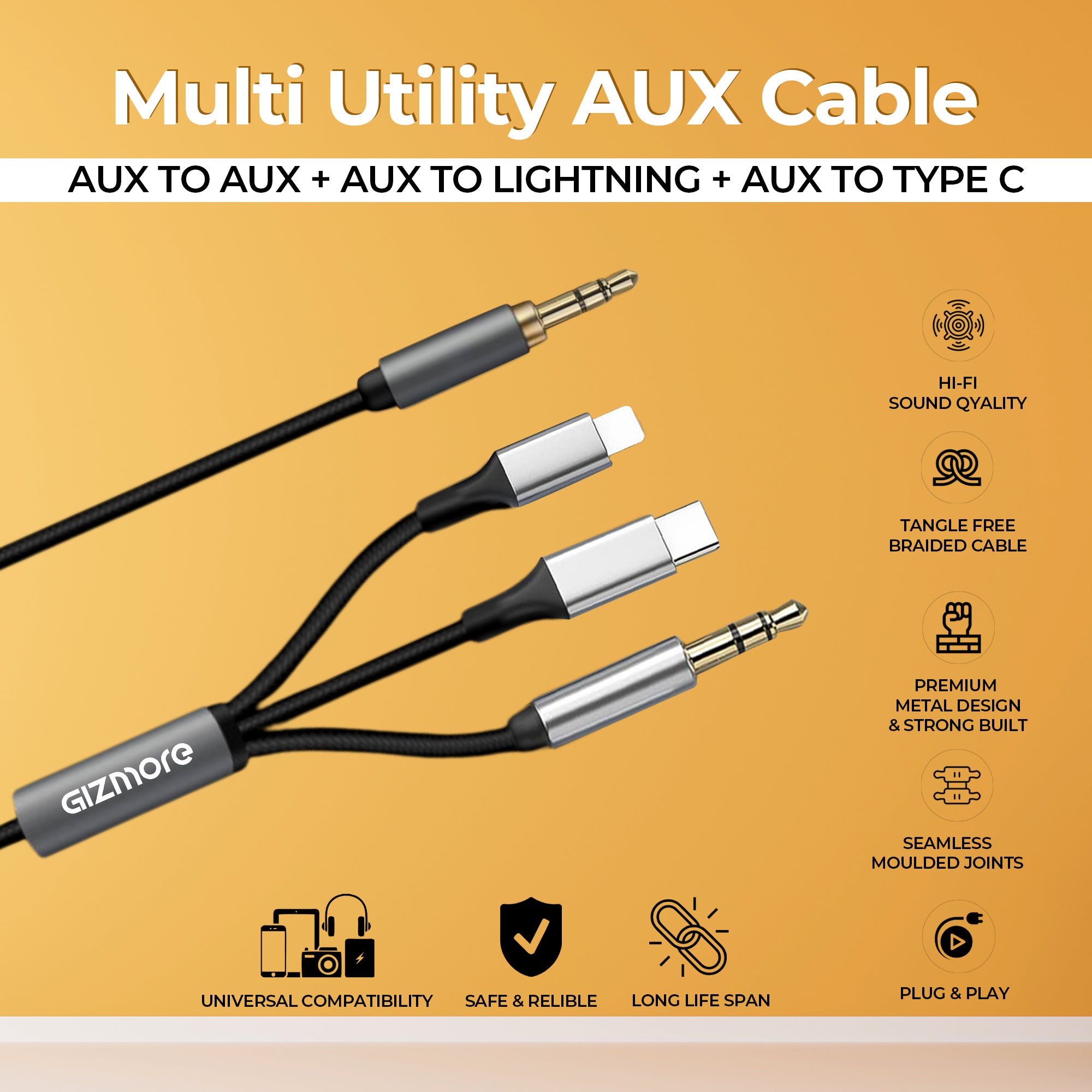 GIZMORE 3 in 1 AUX Cable 3.5mm to 3.5mm Cable