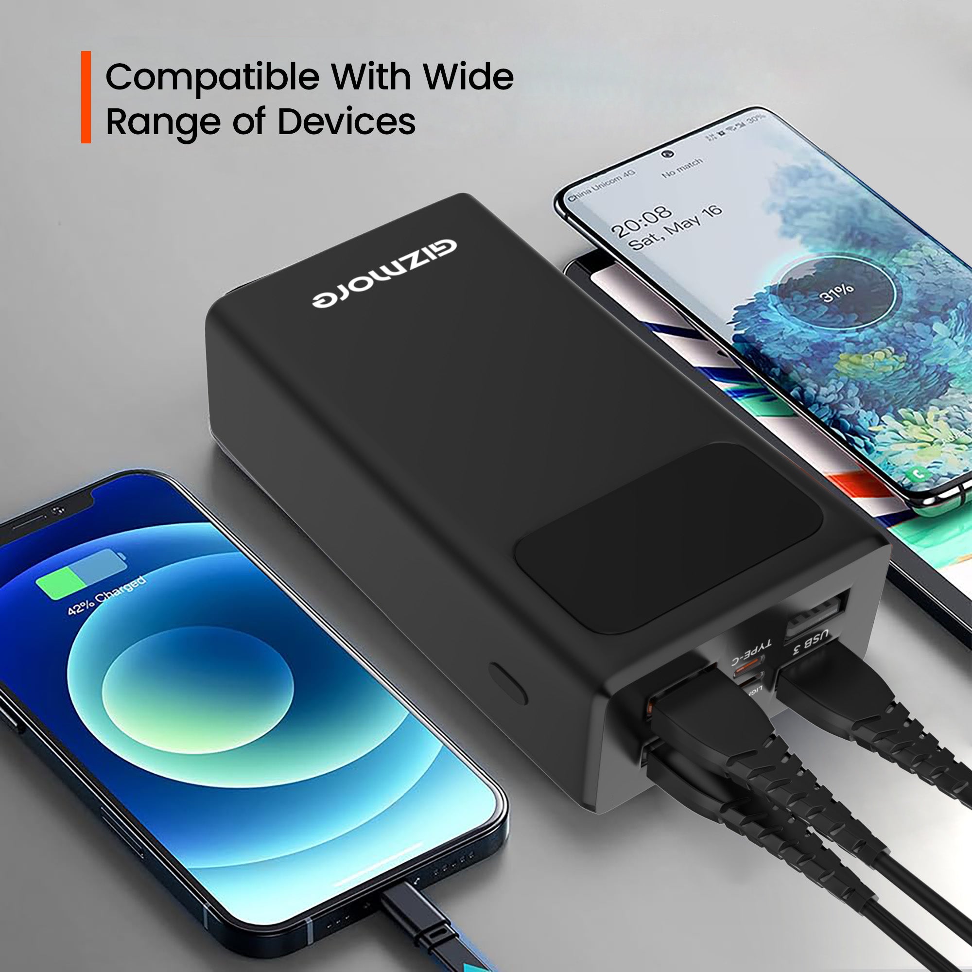 GIZMORE PD30KP 30000mAh PD Power Bank with Built-In Charging Cables|22W Super-Fast Charging | 4 USB Output| Type C (Input & Output) |Lightning Input Port| Li-Polymer Power Bank for iPhones, Smartphones & Tablets (Black)
