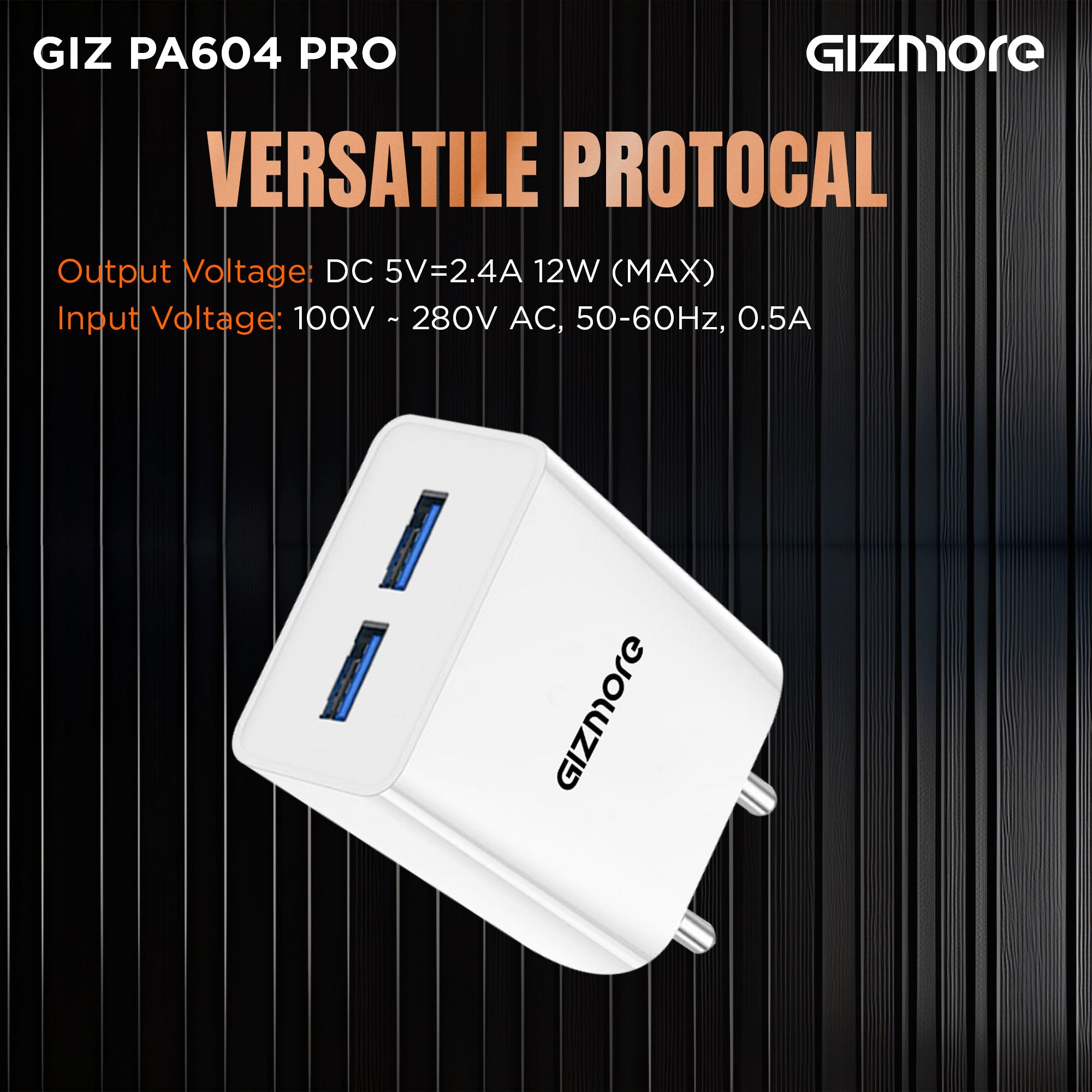 GIZMORE PA604M PRO 5V/2.4A Fast Charging Adapter with Inbuilt Micro USB cable