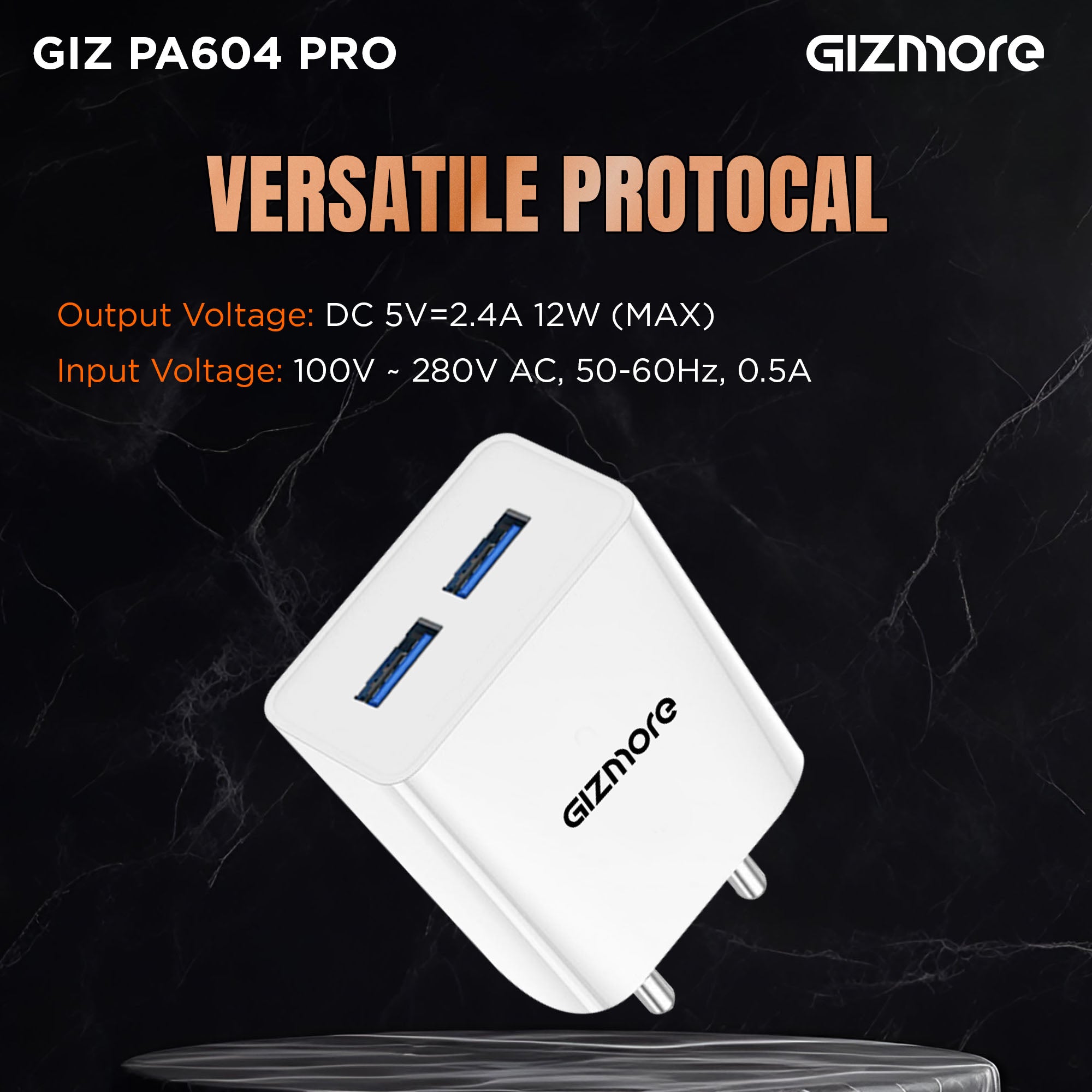 GIZMORE PA604C PRO 5V/2.4A Fast Charging Adapter with Inbuilt Type-C Cable