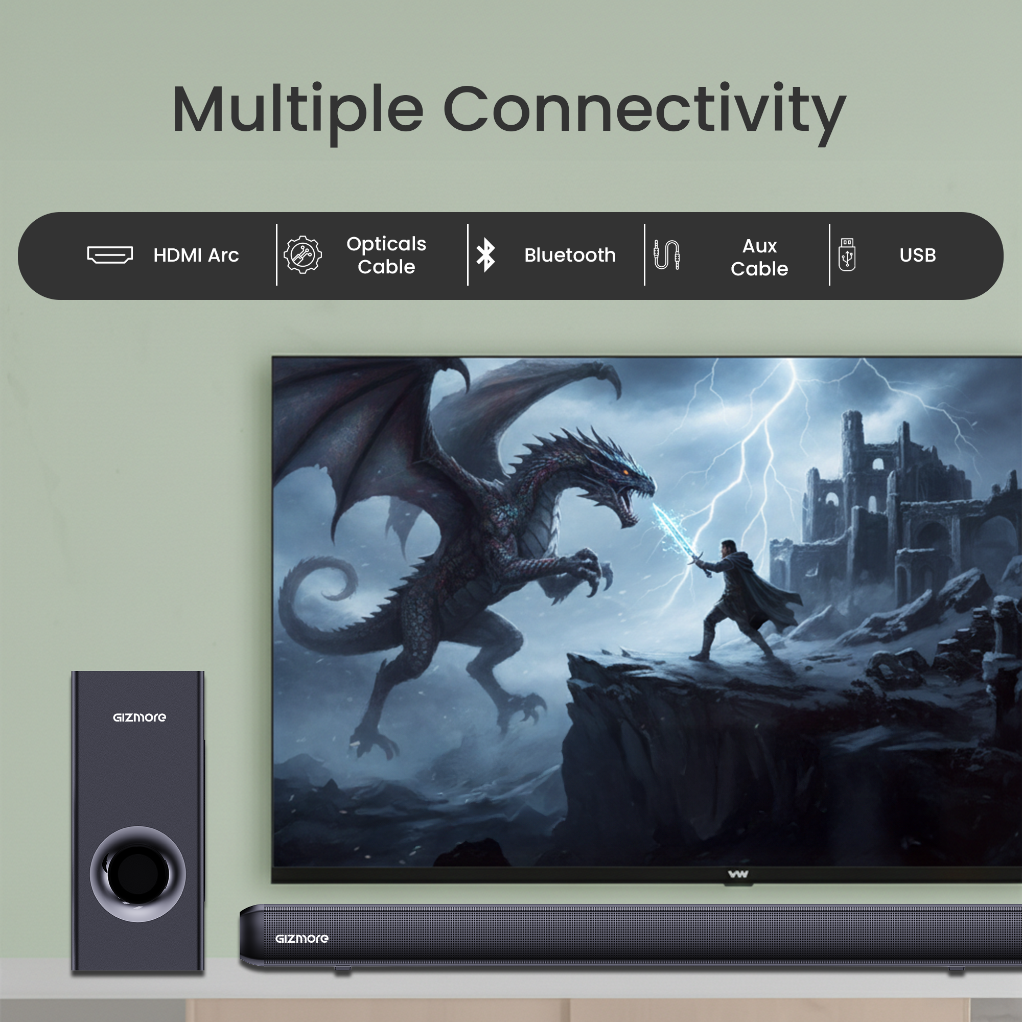 GIZBAR 160 – 2.1 Channel Soundbar with 160W Powerful Output | Multiple connectivity- HDMI ARC, AUX, USB, Optical | Remote Control | Multiple EQ Modes (Music, Movies, News, 3D) |360 degree surround sound |Theater experience at home.