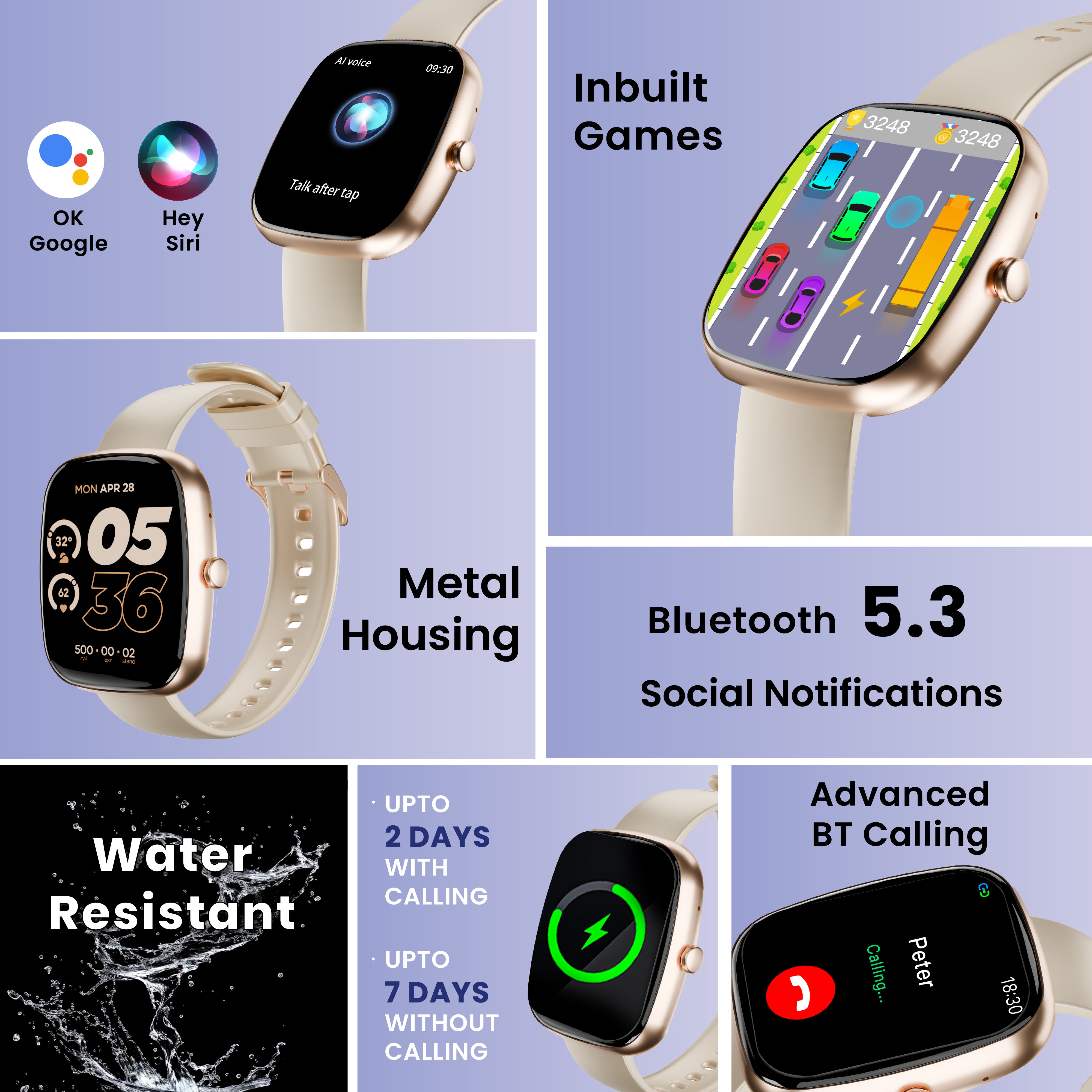 GIZFIT 942 CurveX Smartwatch with 4.64 cm Large Display, Hindi Language Support, Multi Sports Modes, Customizable Watch Faces, Zinc Alloy Body, Voice Assistant | Beige & Black