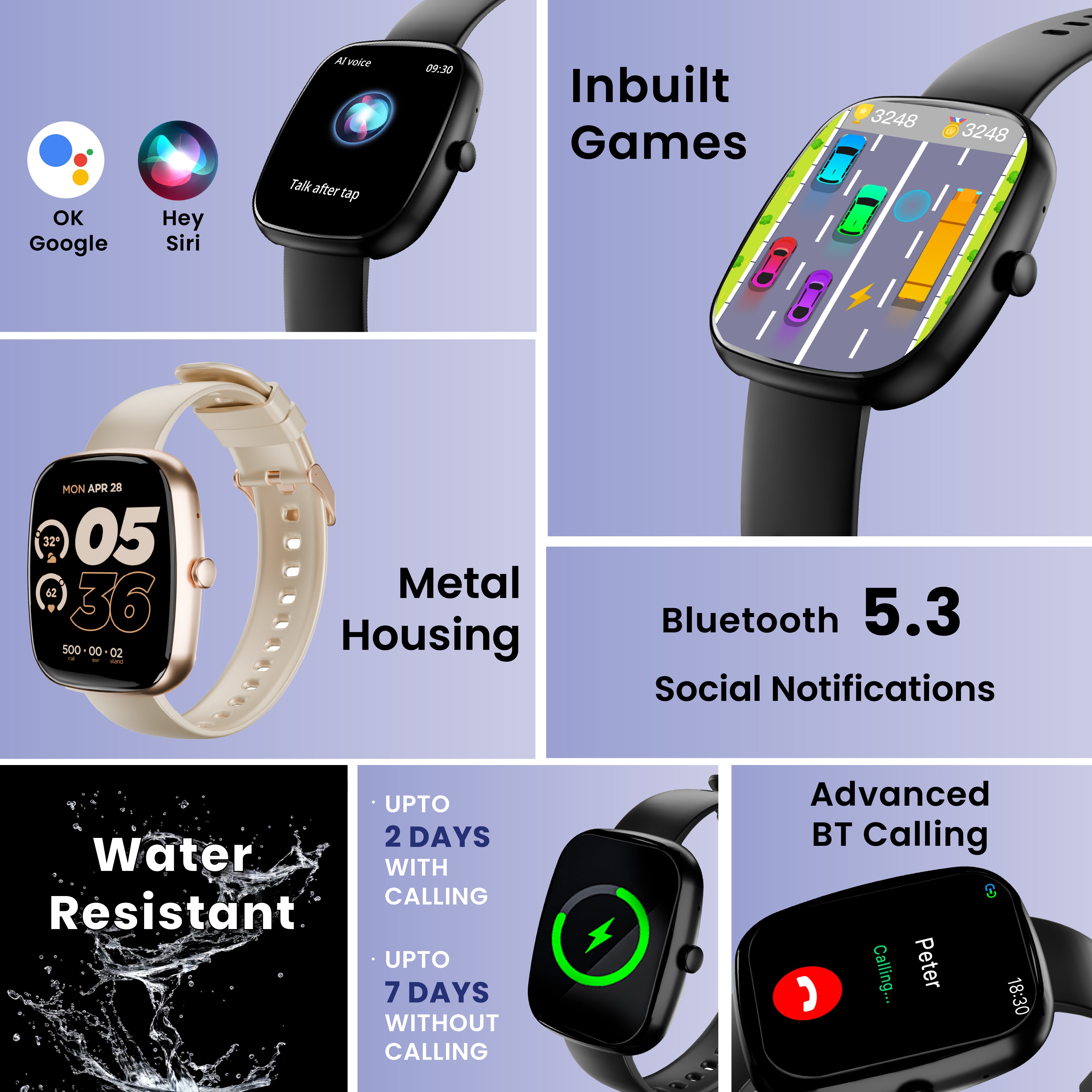 GIZFIT 942 CurveX Smartwatch with 4.64 cm Large Display, Hindi Language Support, Multi Sports Modes, Customizable Watch Faces, Zinc Alloy Body, Voice Assistant | Beige & Black