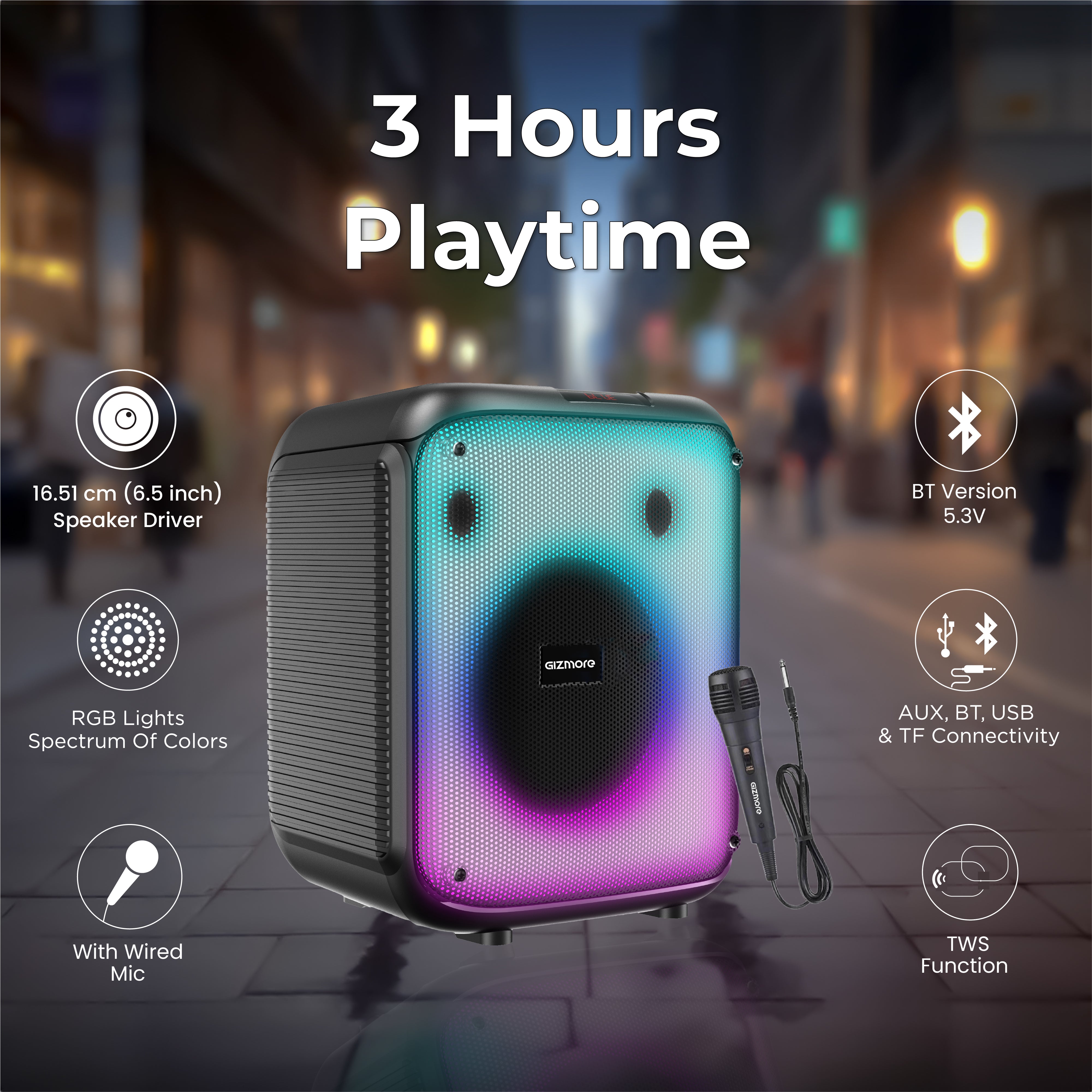 GIZMORE T50 Thunder Bolt Mini Bluetooth Speaker | 80W Powerful Output | TWS Function | Multiple Connectivity Options | Wired Mic Support | Portable & Easy to Carry