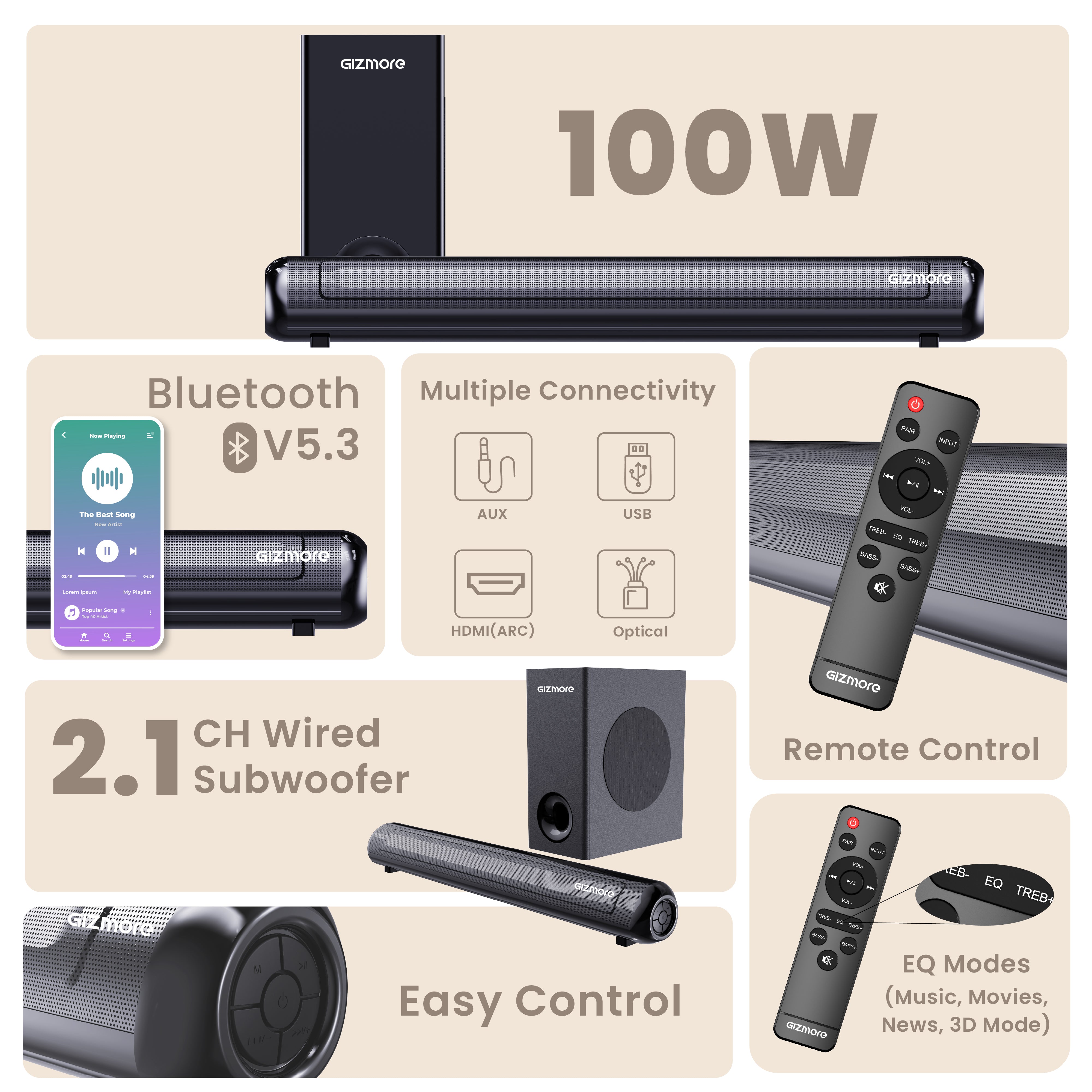 GIZBAR 100 – 2.1 Channel Soundbar with 100W Powerful Output | Multiple connectivity- HDMI ARC, AUX, USB, Optical | Remote Control | Multiple EQ Modes (Music, Movies, News, 3D) |Theater experience at home.