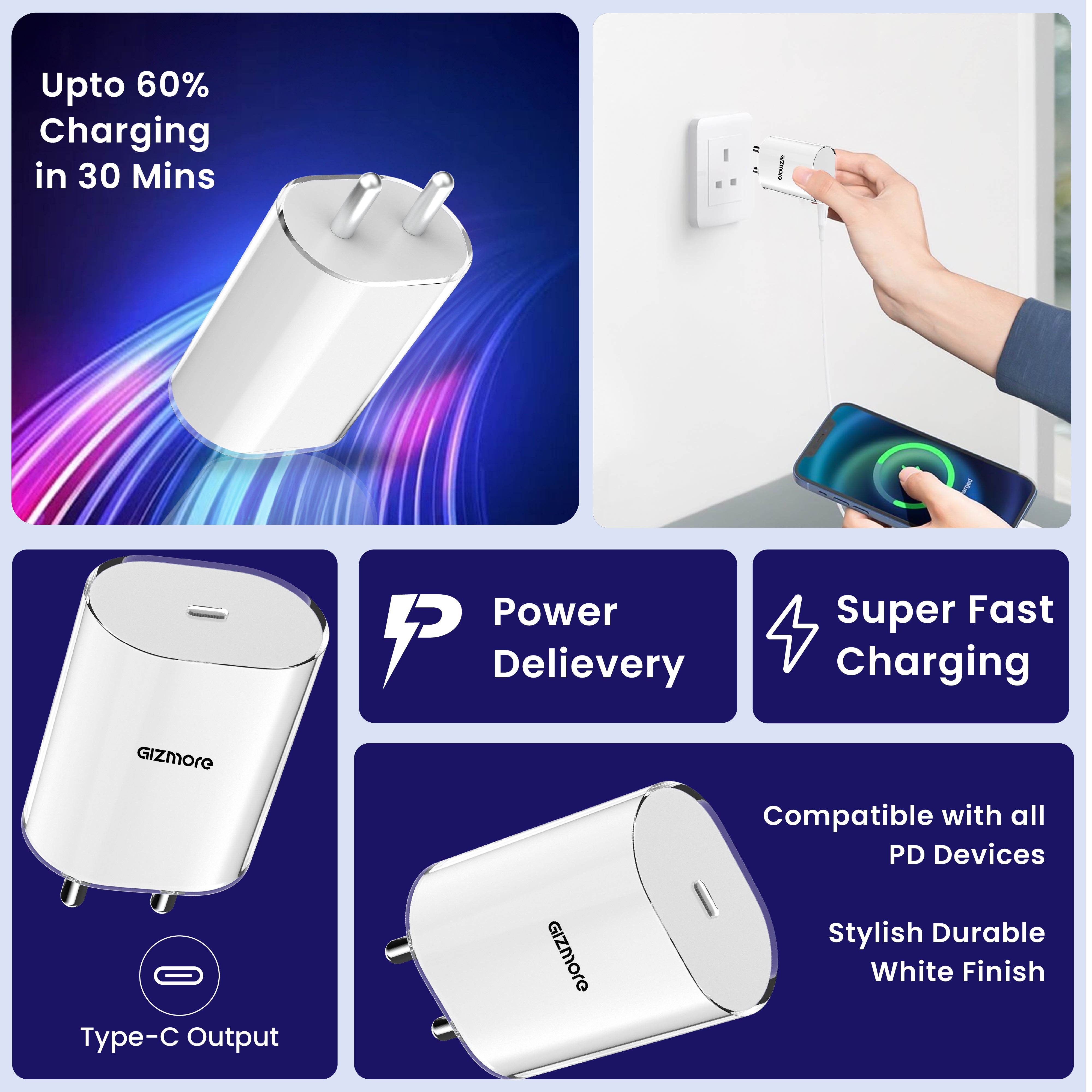 GIZ PA45 45W Super Fast Charger, PD Fast Charging Adapter, Up to 60% in 30 Minutes, Universal Compatibility, Semi-Transparent Design, Heat & Scratch Resistant Wall Charger