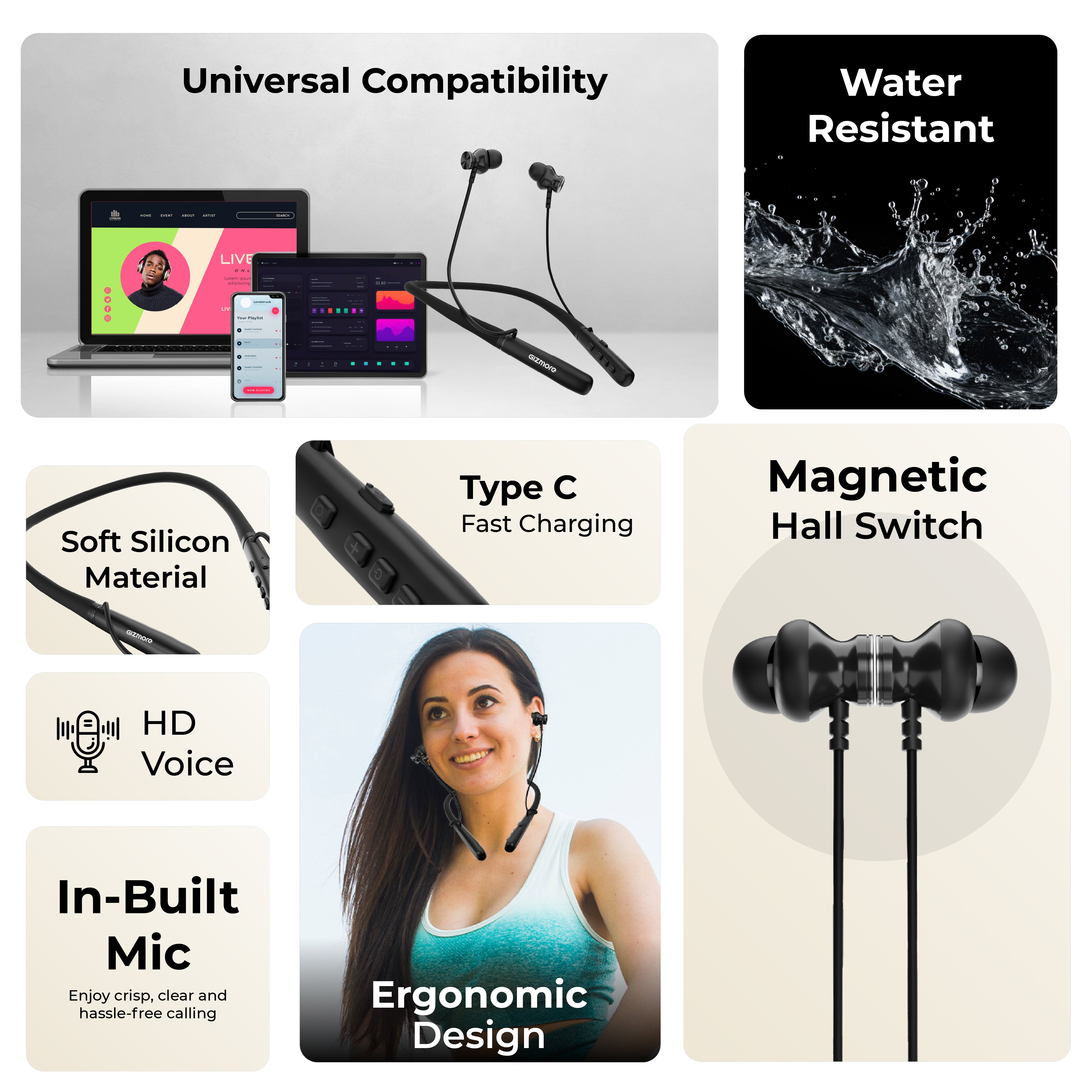 GIZMORE MN231 Silk Wireless Neckband | Magnetic Snap On/Off | USB Type-C Charging | Soft Silicone Neckband | Dedicated Function Keys | Water-Resistant Design | Bluetooth Earphones